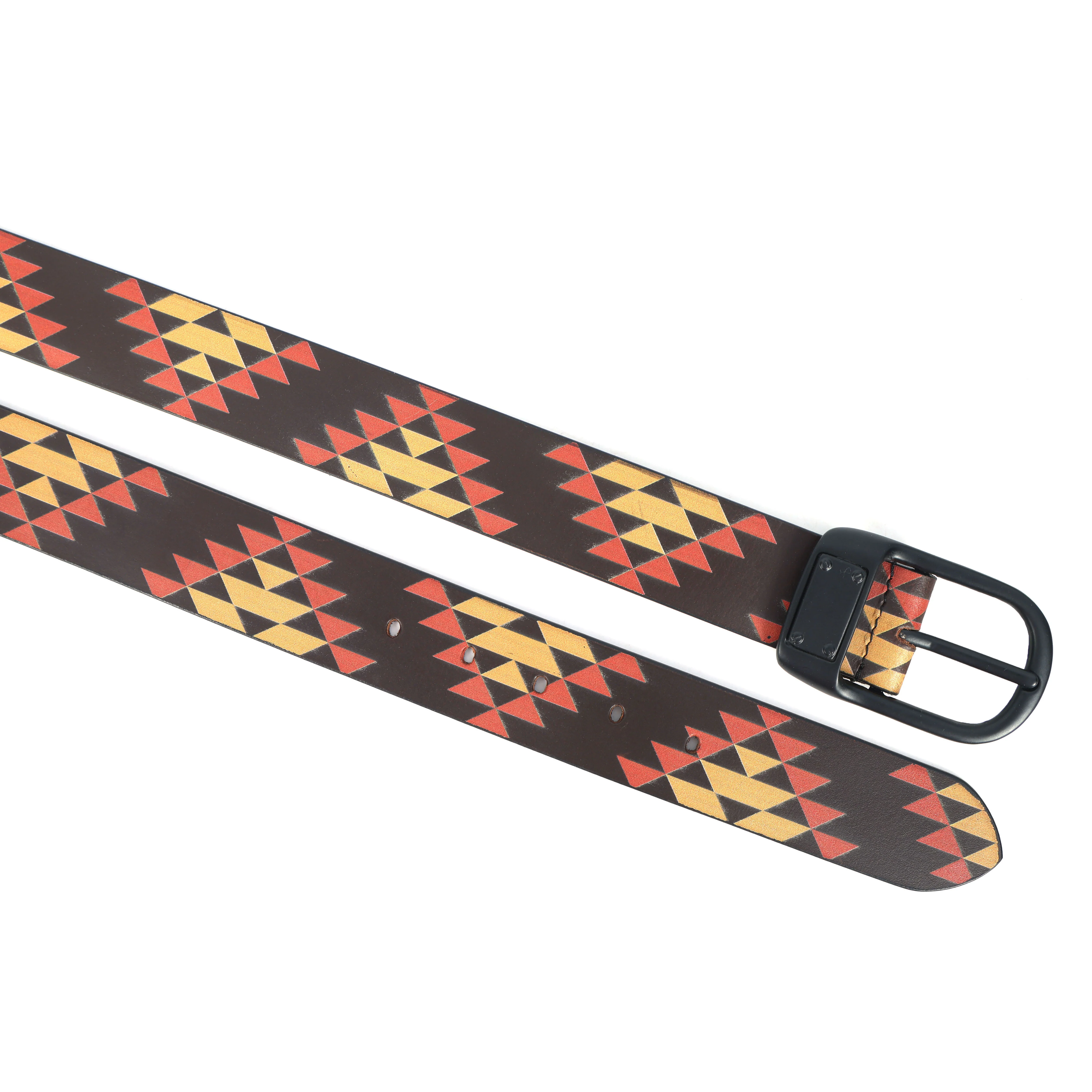 Unisex Geometric Tribal Print Leather Belt With Matte Black Buckle Stylish Casual Wear - Image 7