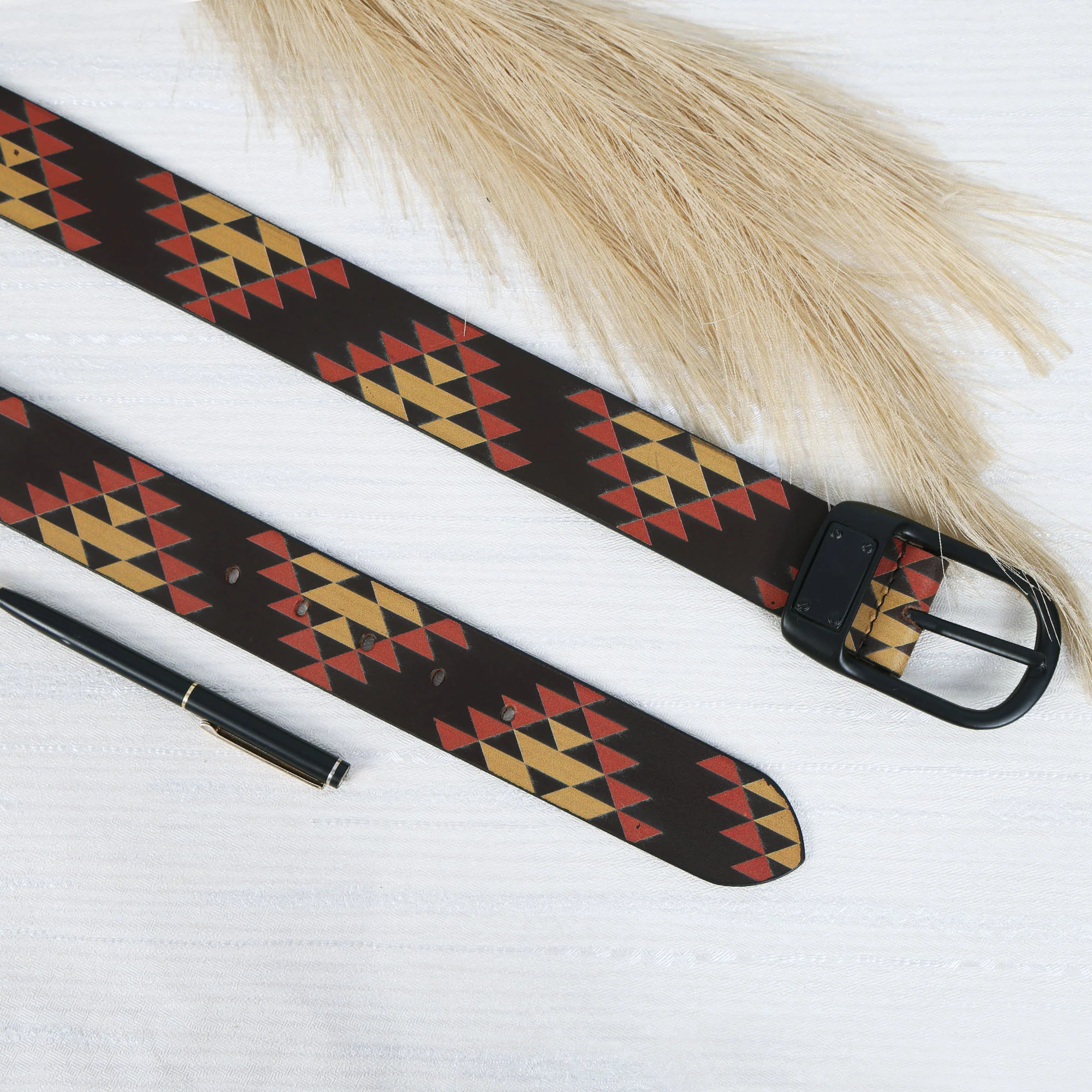 Unisex Geometric Tribal Print Leather Belt With Matte Black Buckle Stylish Casual Wear - Image 8