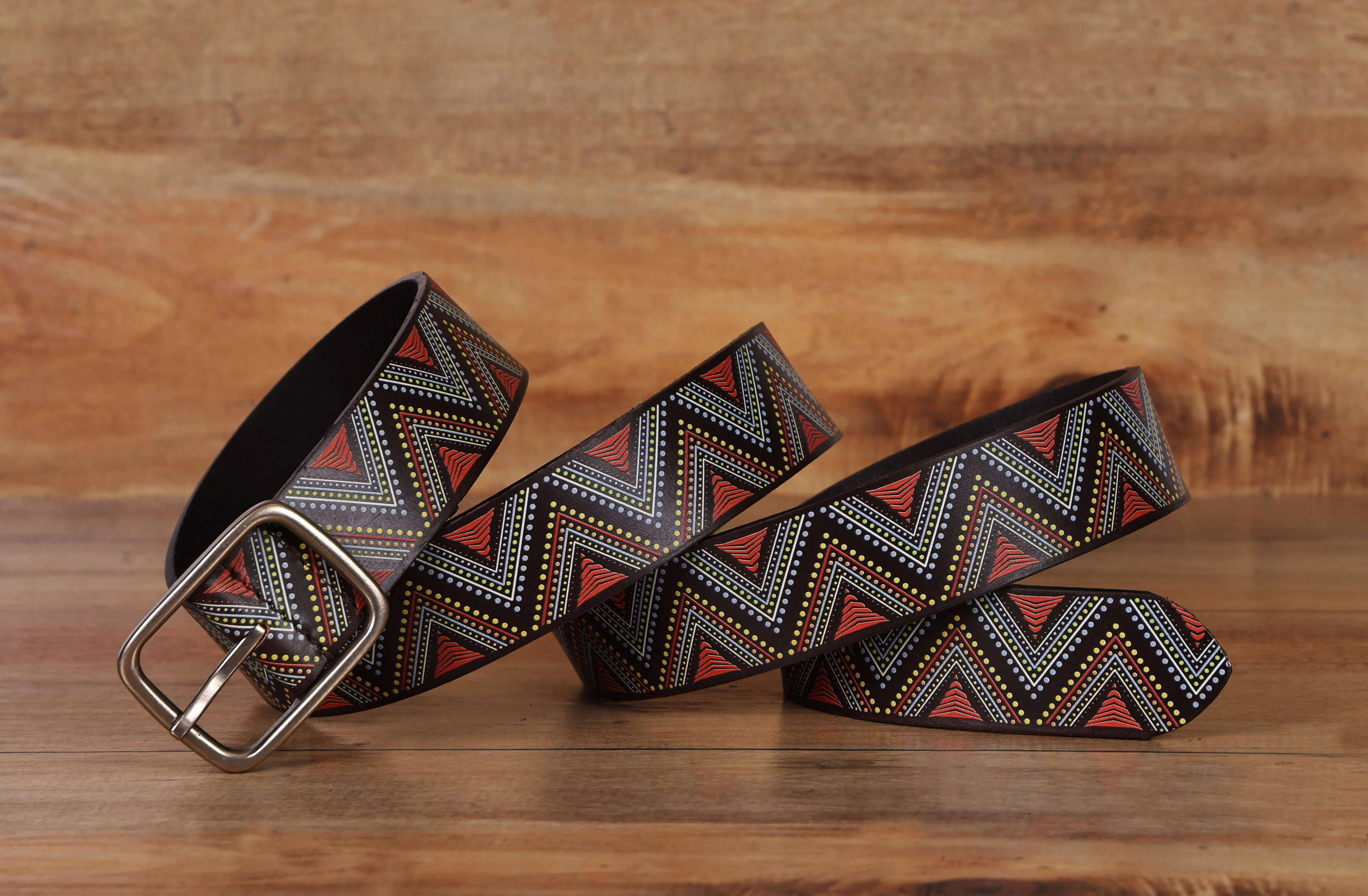 Unisex Genuine Leather Tribal Geometric Multicolor Waist Accessory Antique Buckle