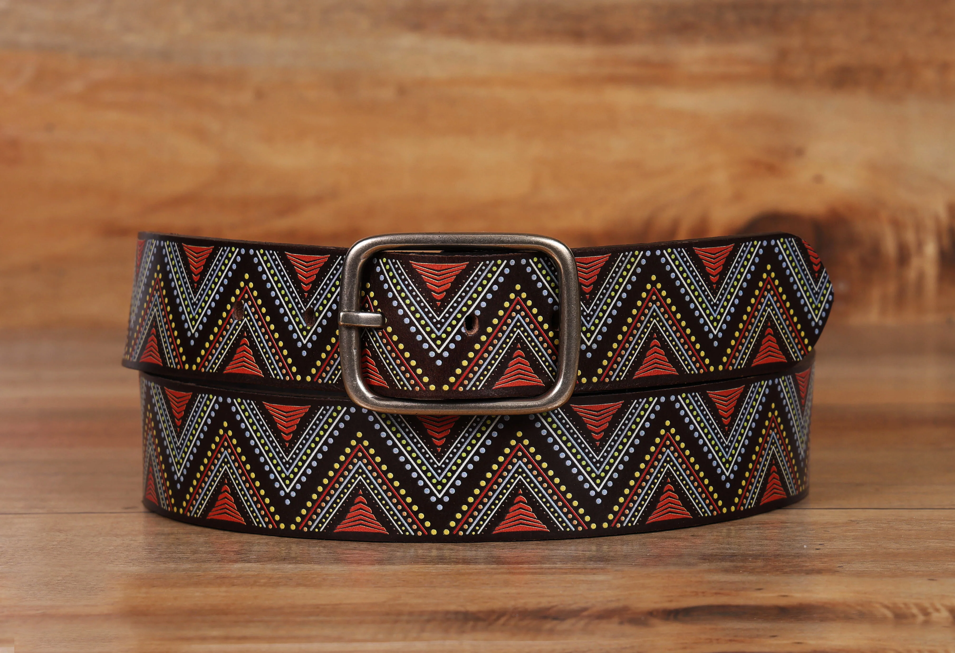 Unisex Genuine Leather Tribal Geometric Multicolor Waist Accessory Antique Buckle - Image 2