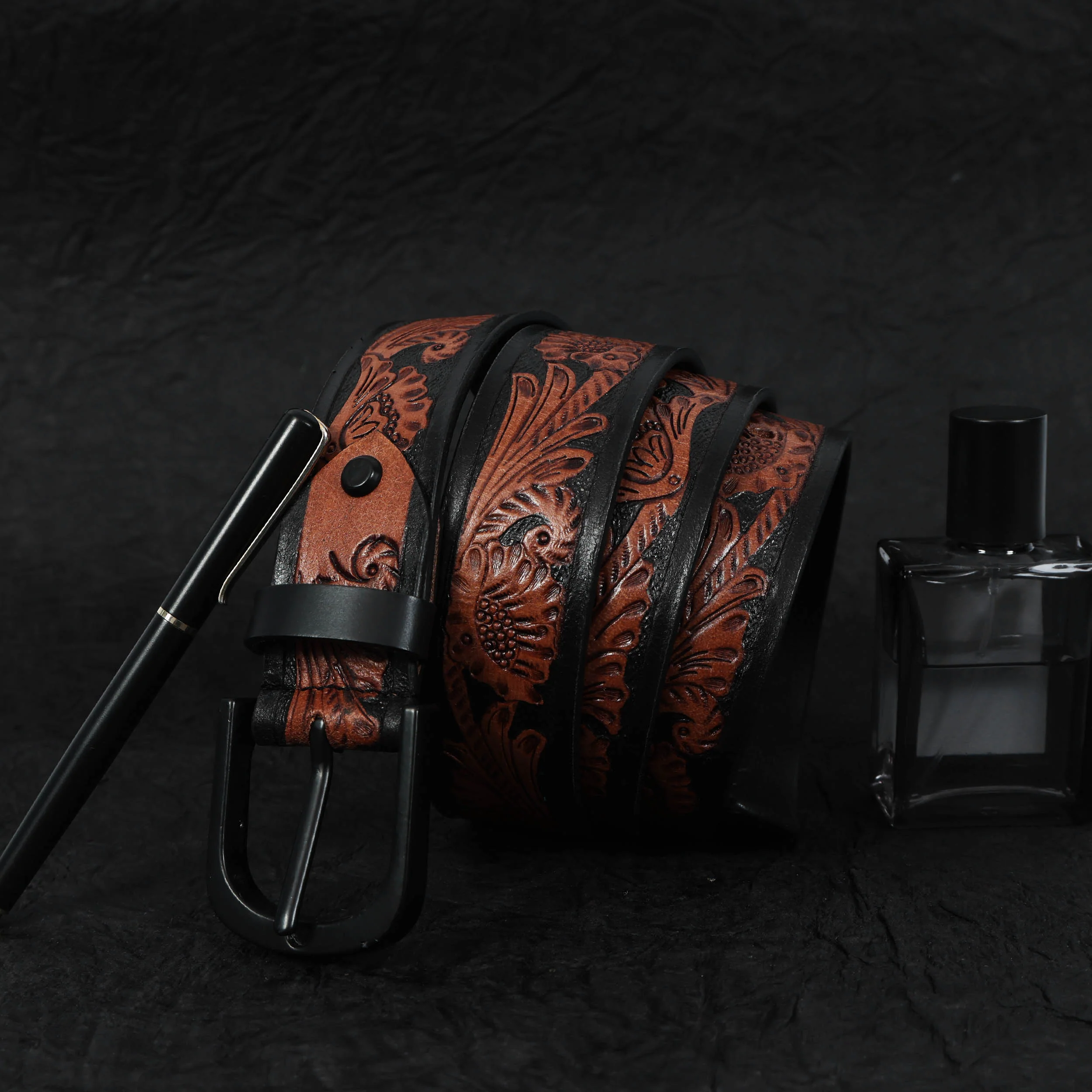 Unisex Handcrafted Floral Tooled Brown Belt With Matte Black Buckle For Everyday Wear - Image 2