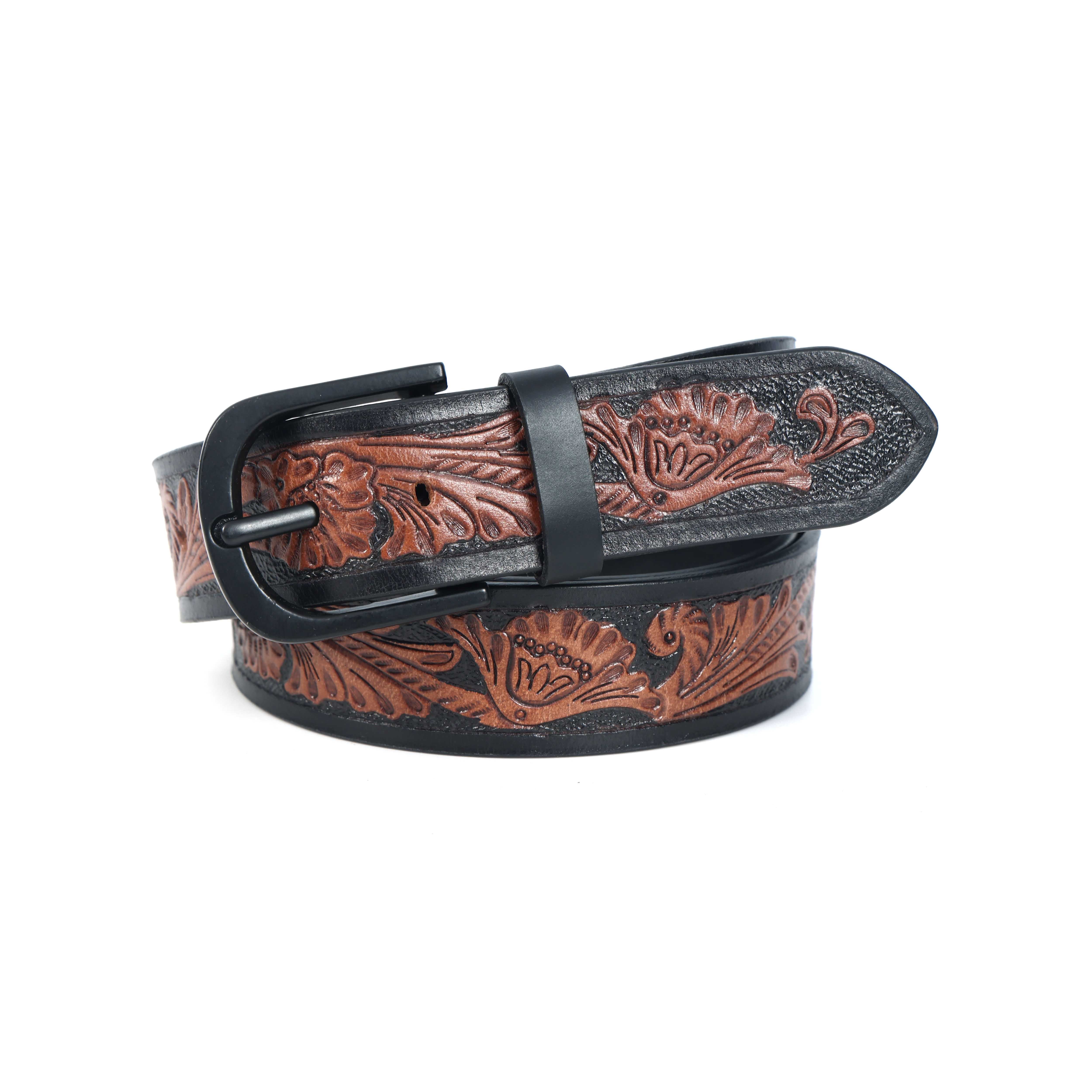 Unisex Handcrafted Floral Tooled Brown Belt With Matte Black Buckle For Everyday Wear - Image 3