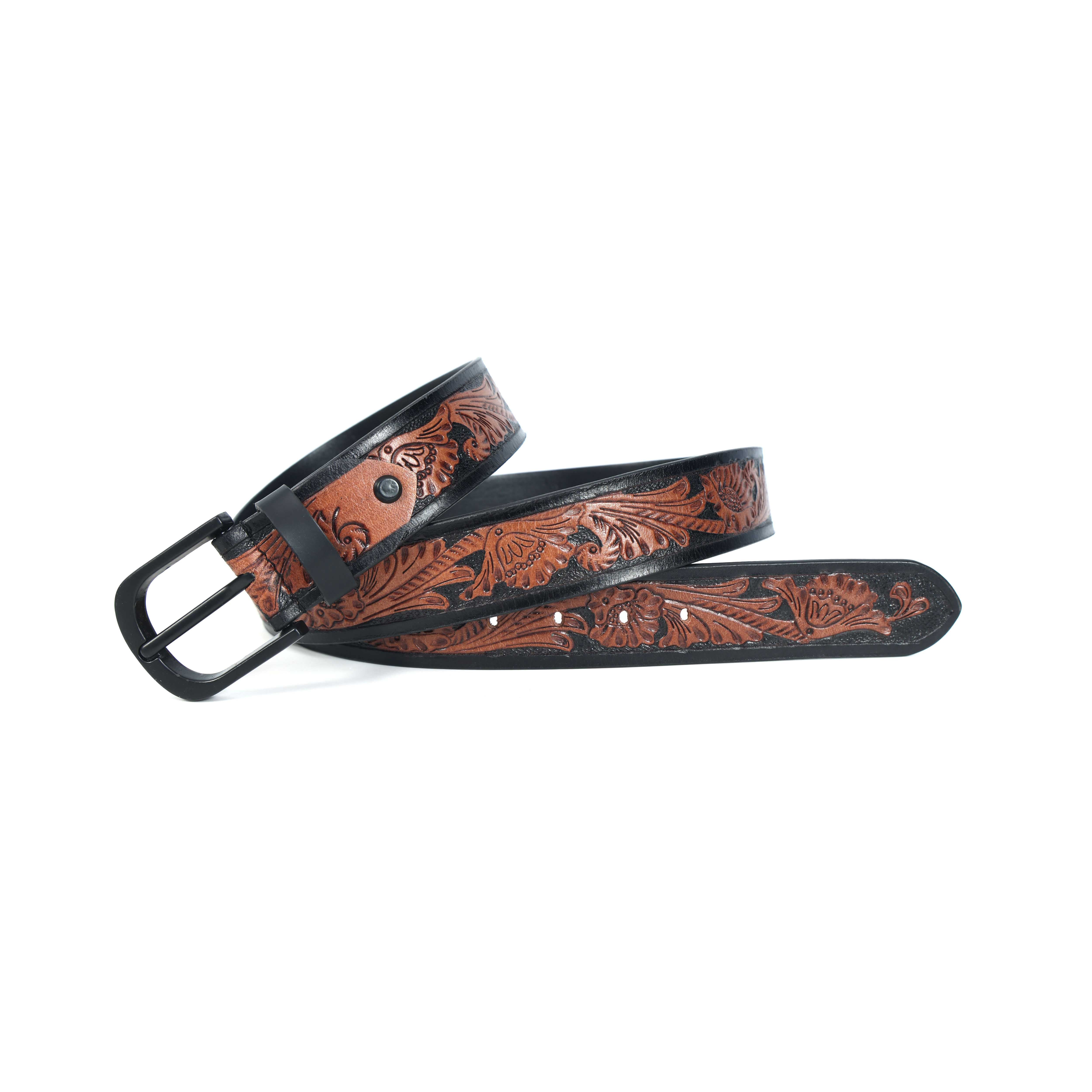 Unisex Handcrafted Floral Tooled Brown Belt With Matte Black Buckle For Everyday Wear - Image 4
