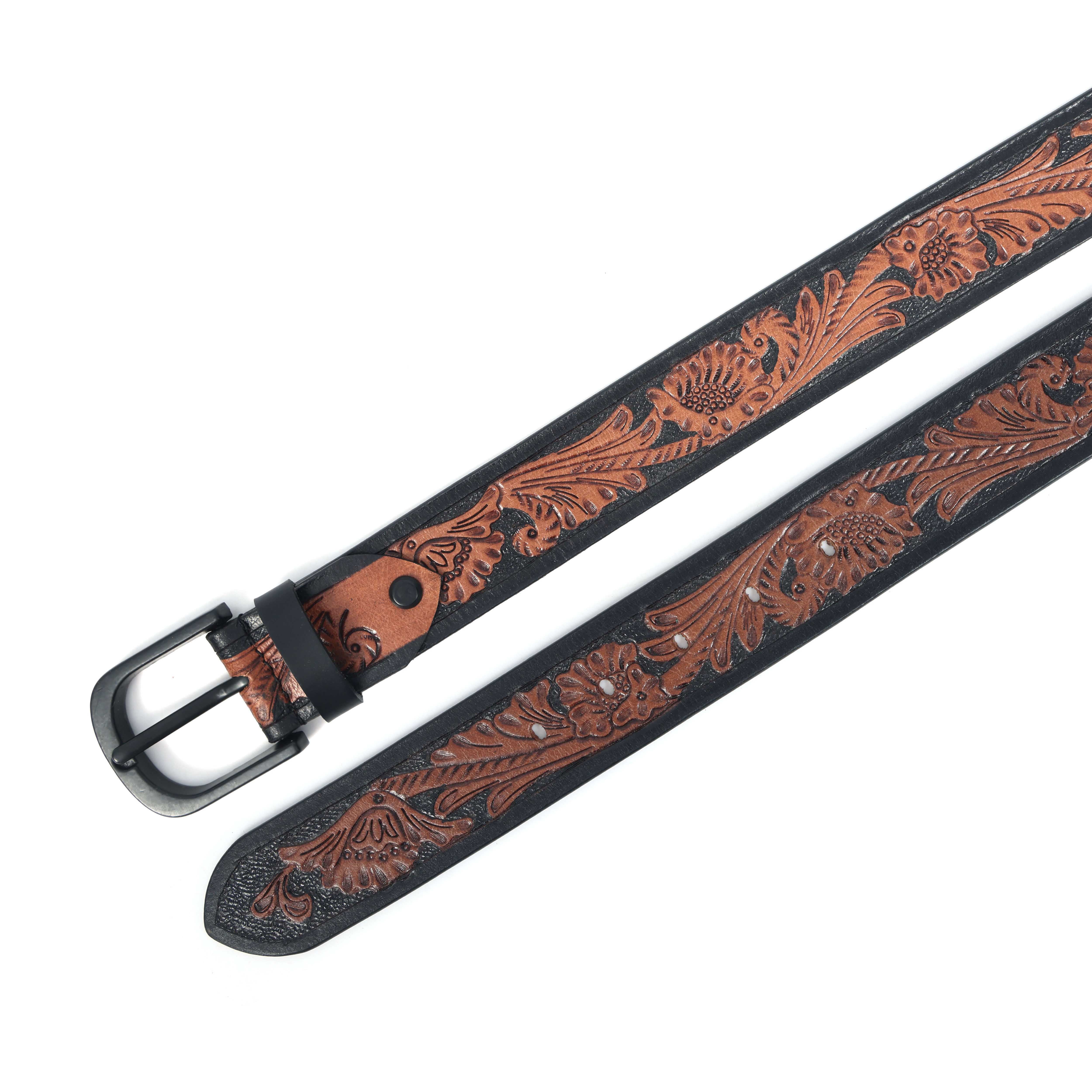 Unisex Handcrafted Floral Tooled Brown Belt With Matte Black Buckle For Everyday Wear - Image 5