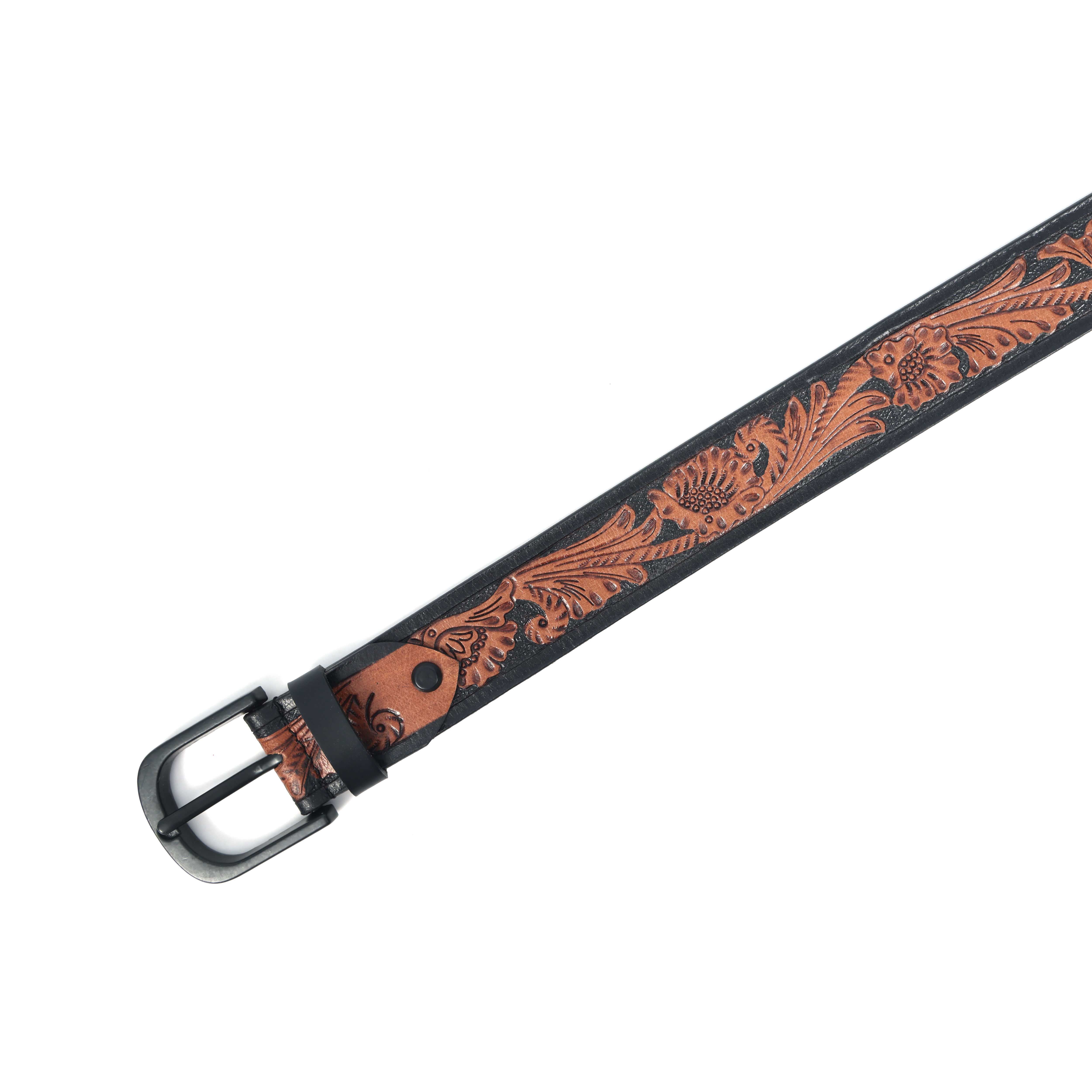 Unisex Handcrafted Floral Tooled Brown Belt With Matte Black Buckle For Everyday Wear - Image 6