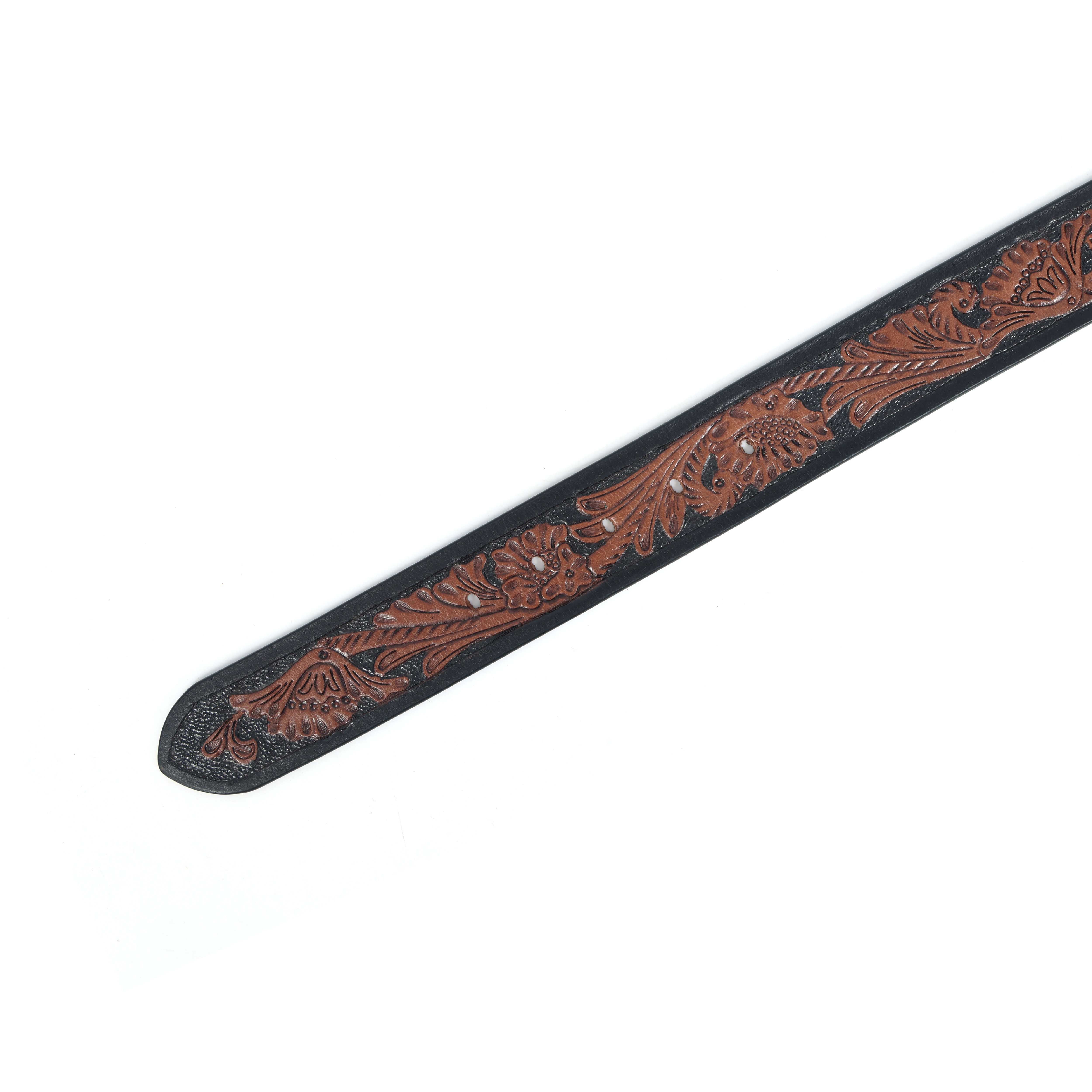 Unisex Handcrafted Floral Tooled Brown Belt With Matte Black Buckle For Everyday Wear - Image 7
