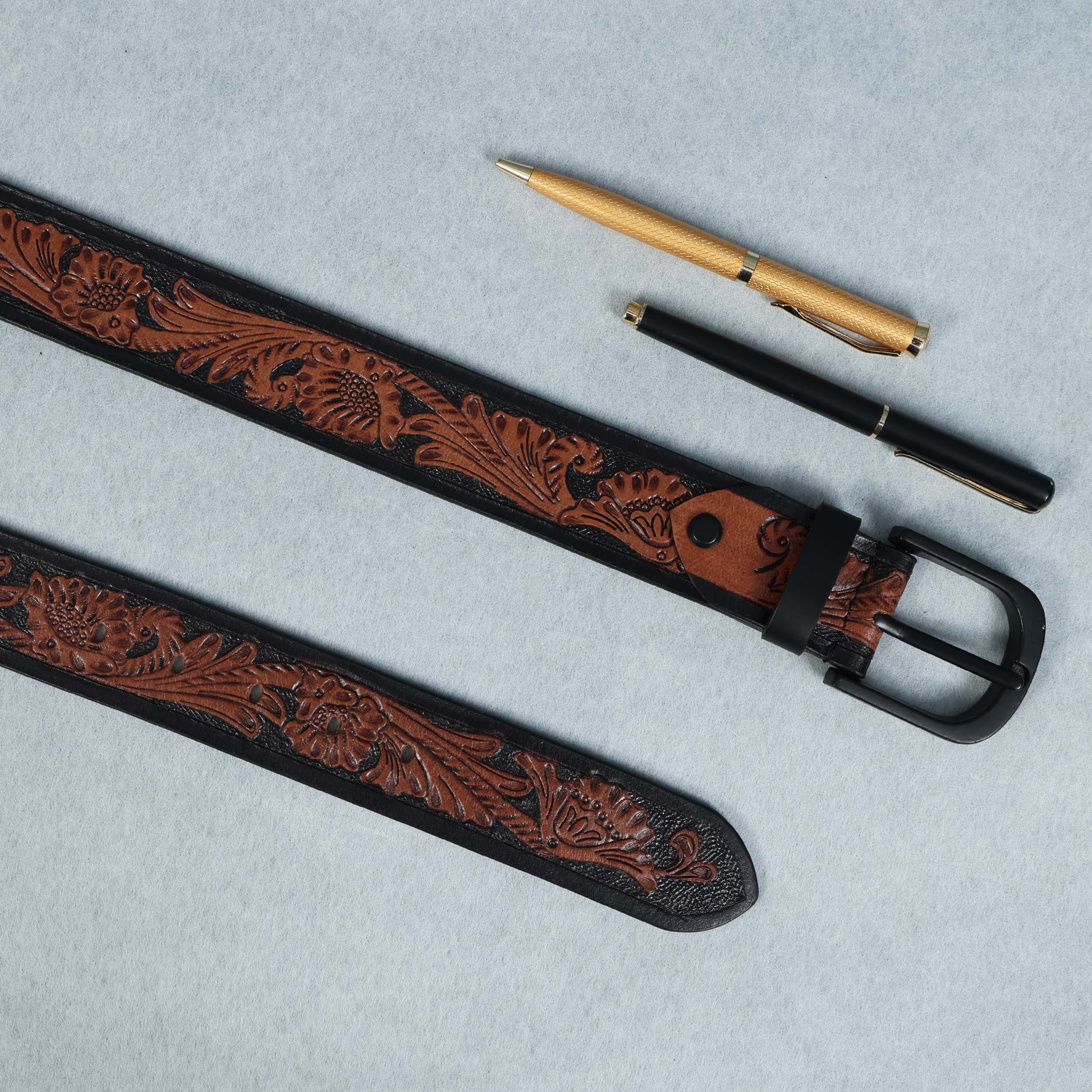 Unisex Handcrafted Floral Tooled Brown Belt With Matte Black Buckle For Everyday Wear - Image 8