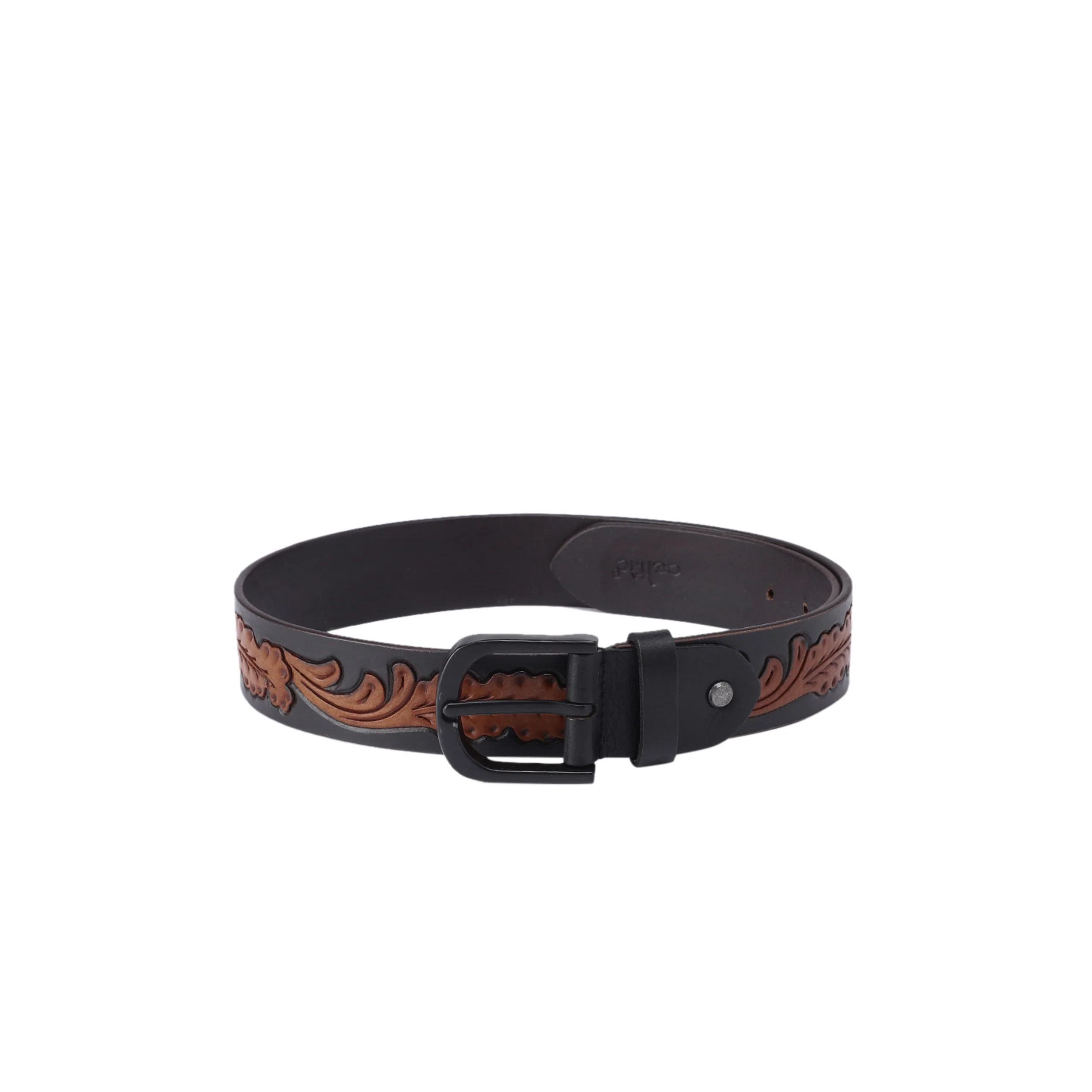 Premium  Black Leather Belt Featuring Carved Brown Leaf Pattern With Matte Buckle - Image 2