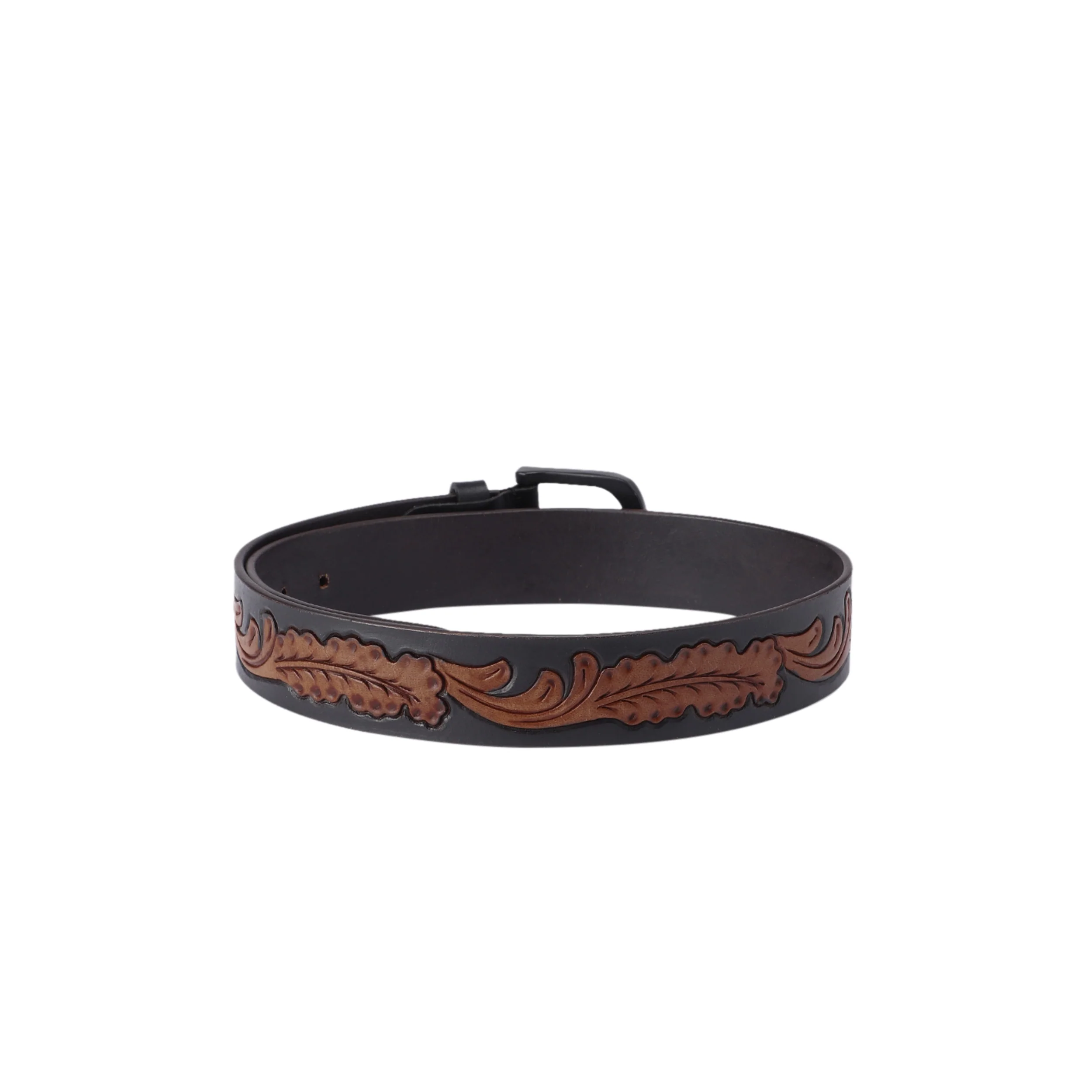 Premium  Black Leather Belt Featuring Carved Brown Leaf Pattern With Matte Buckle - Image 4