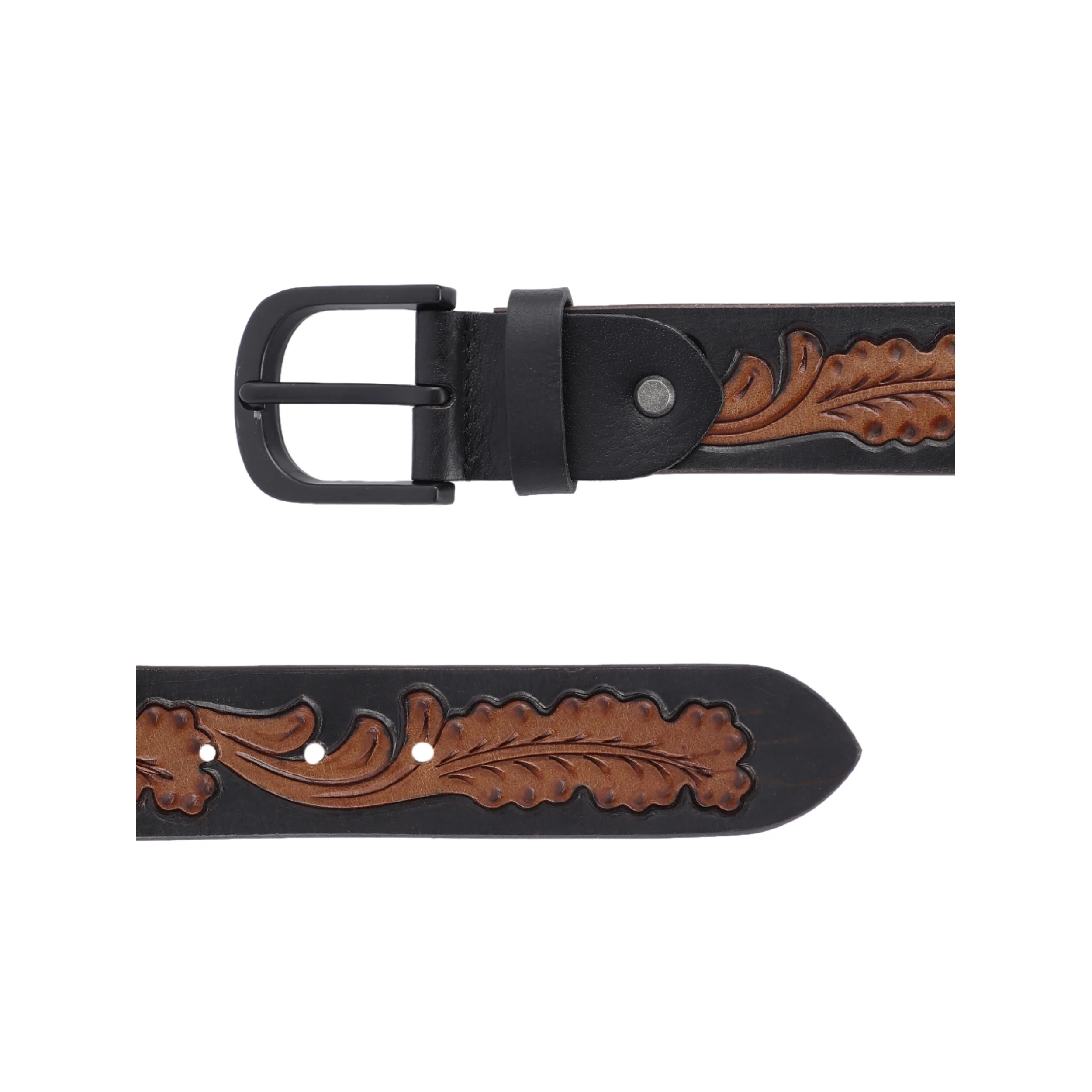 Premium  Black Leather Belt Featuring Carved Brown Leaf Pattern With Matte Buckle - Image 5