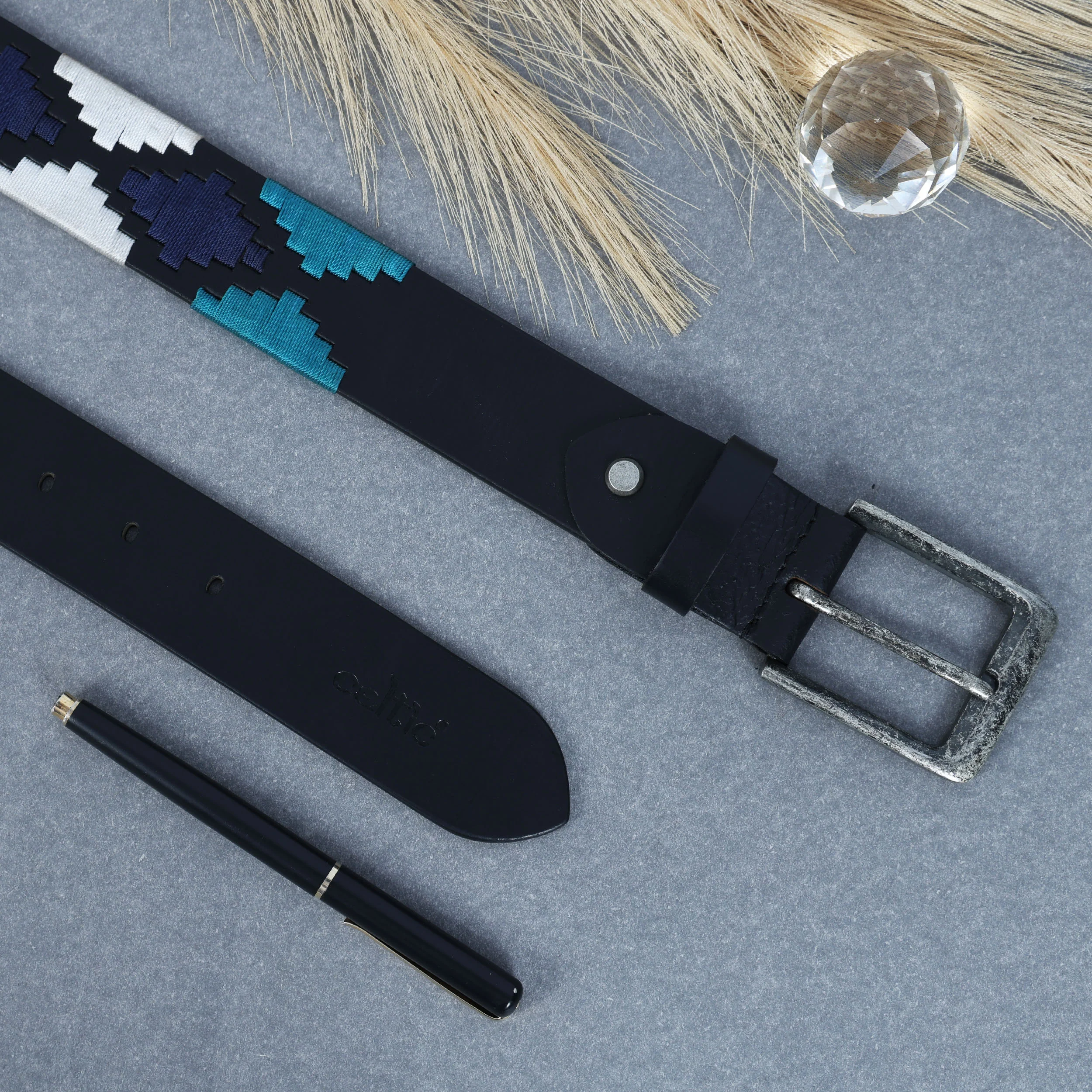 Unisex Handcrafted Leather Belt With Geometric Woven Panel And Vintage Metal Buckle - Image 3