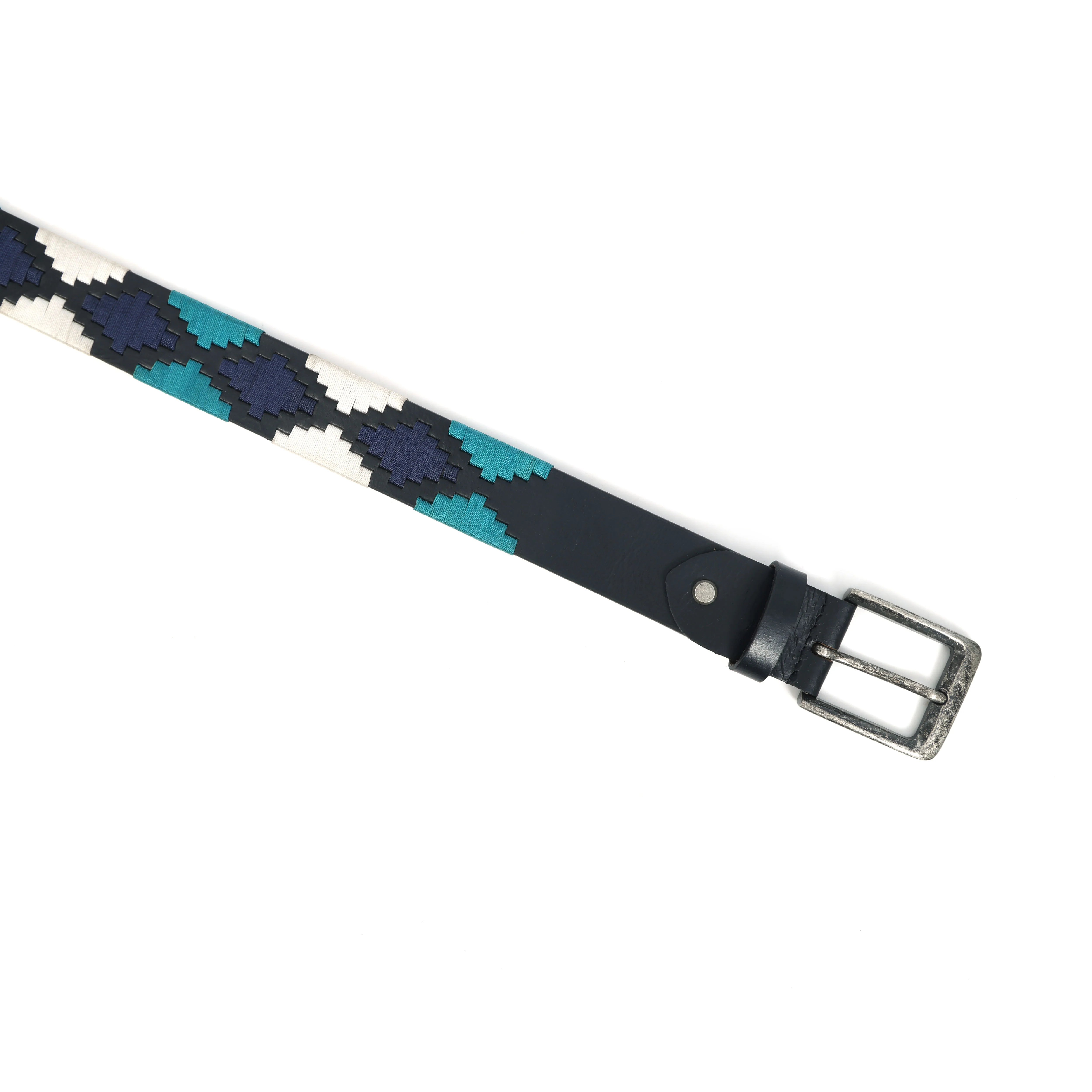Unisex Handcrafted Leather Belt With Geometric Woven Panel And Vintage Metal Buckle - Image 4
