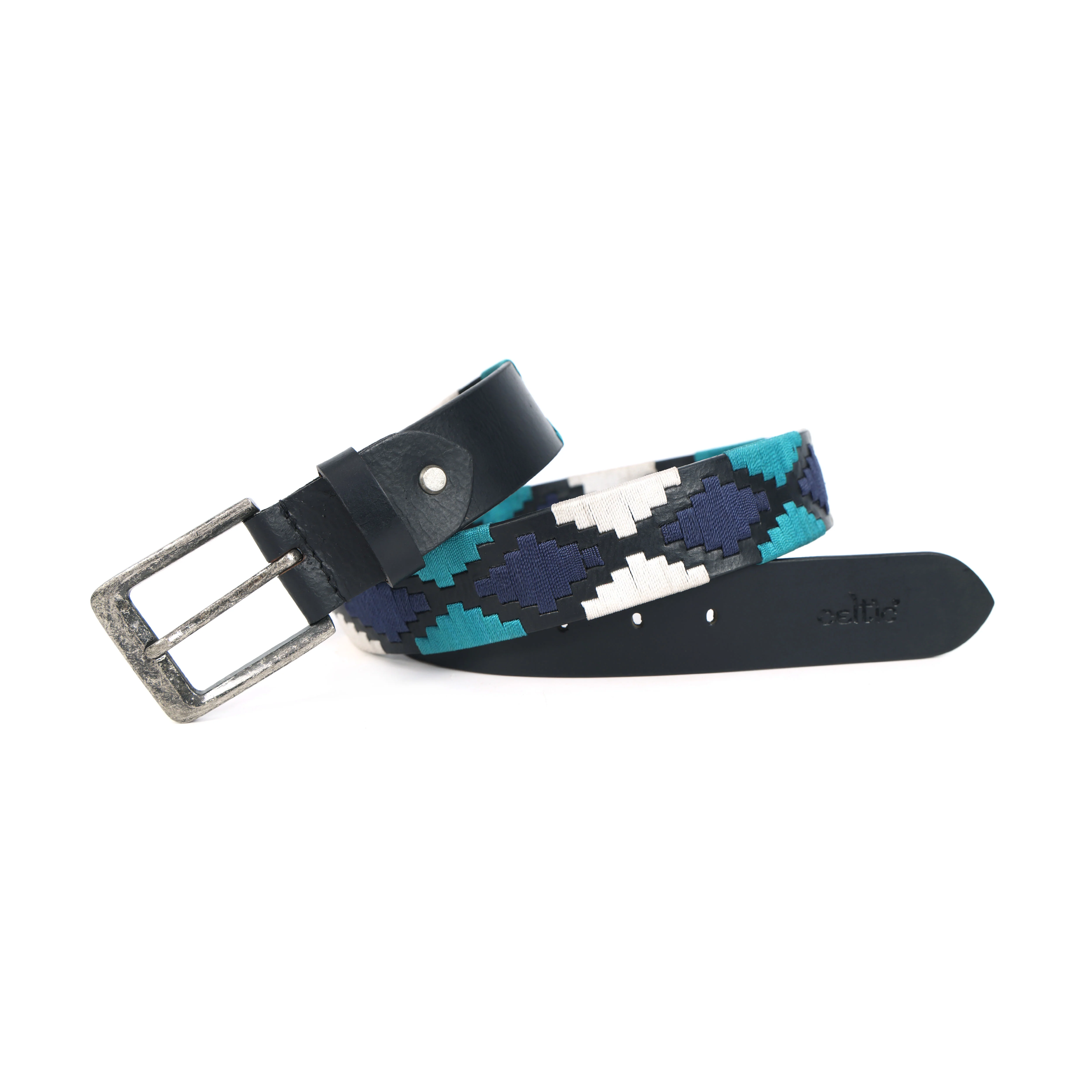 Unisex Handcrafted Leather Belt With Geometric Woven Panel And Vintage Metal Buckle - Image 6