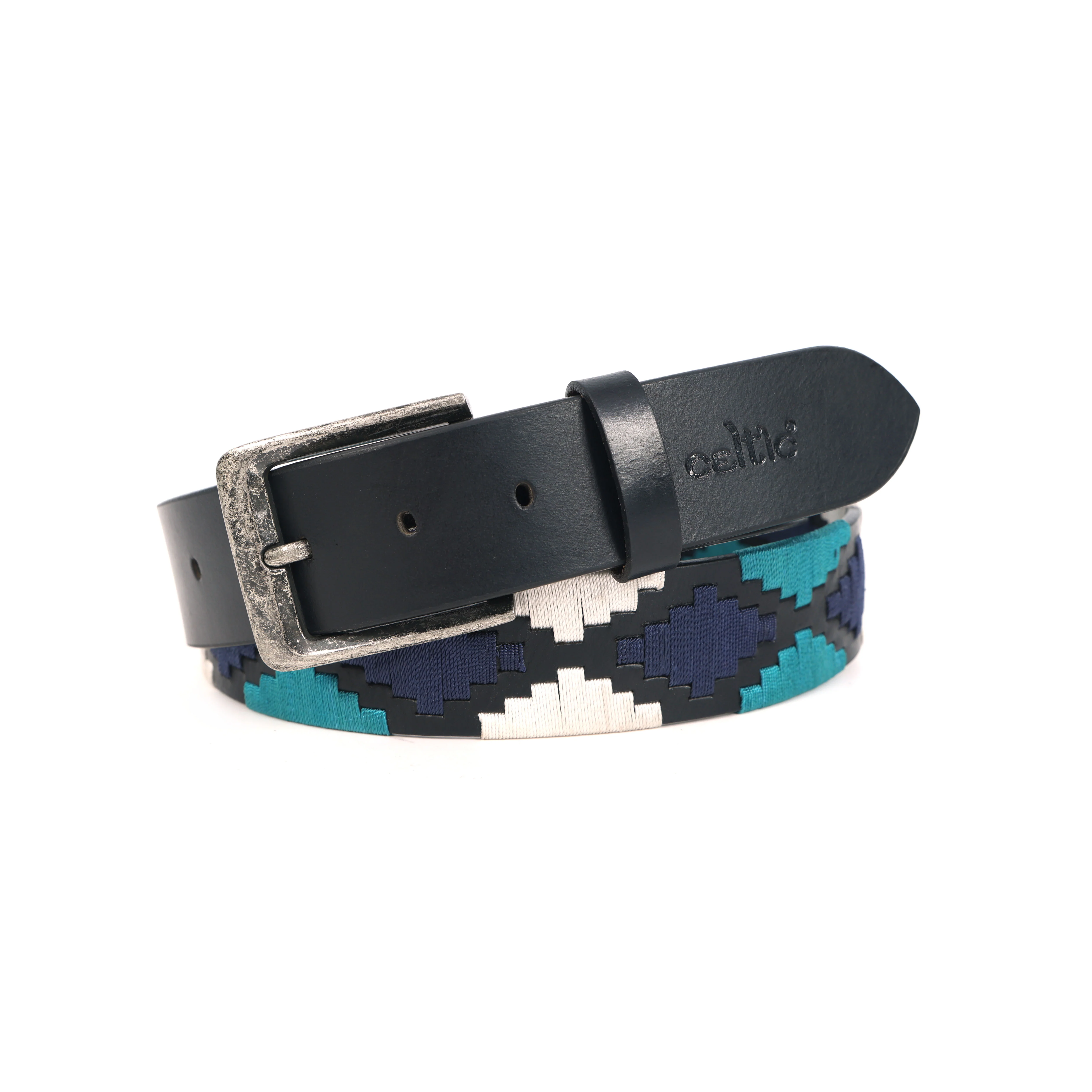 Unisex Handcrafted Leather Belt With Geometric Woven Panel And Vintage Metal Buckle - Image 7