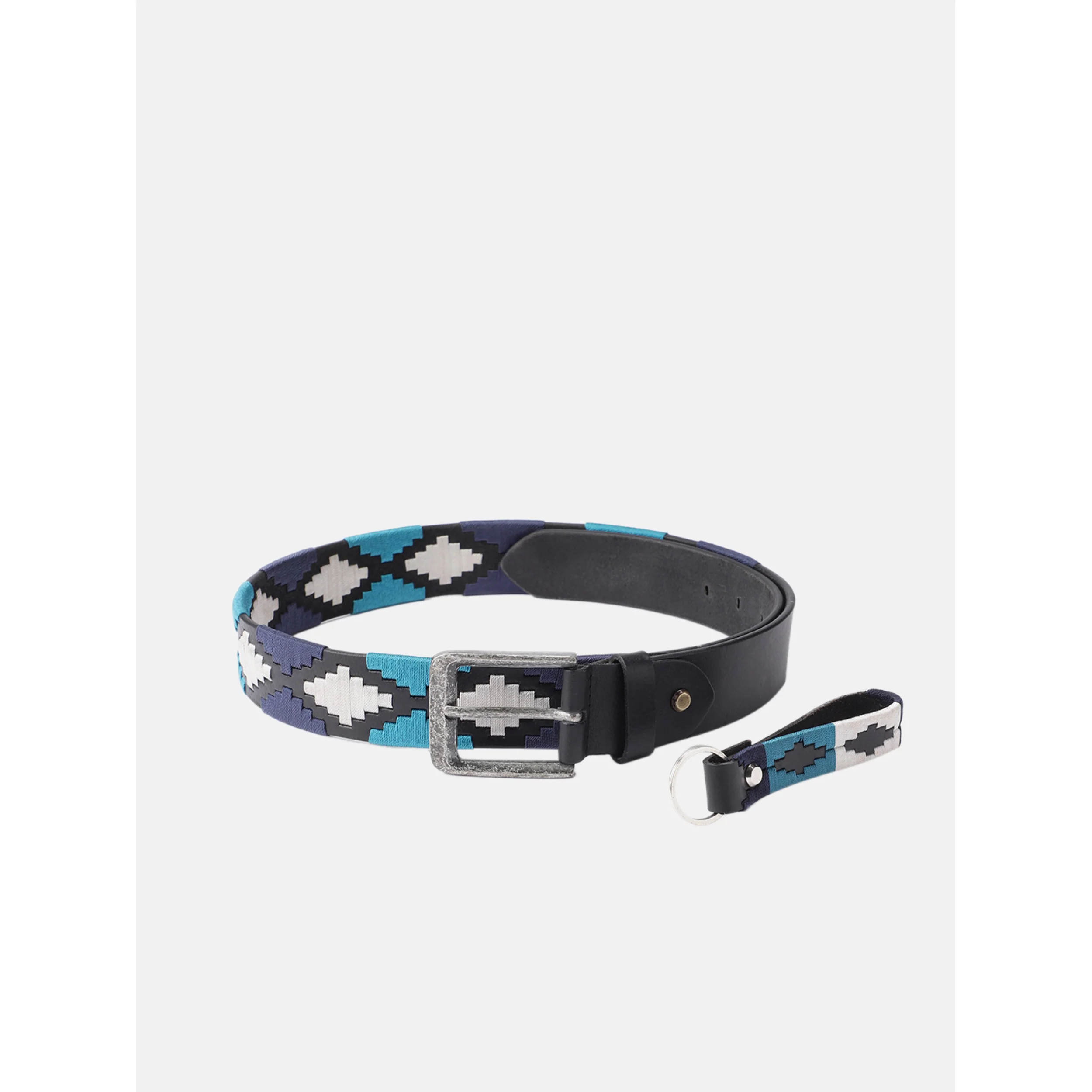 Unisex Handcrafted Leather Belt With Woven Blue White Pattern And Antique Silver Buckle - Image 2