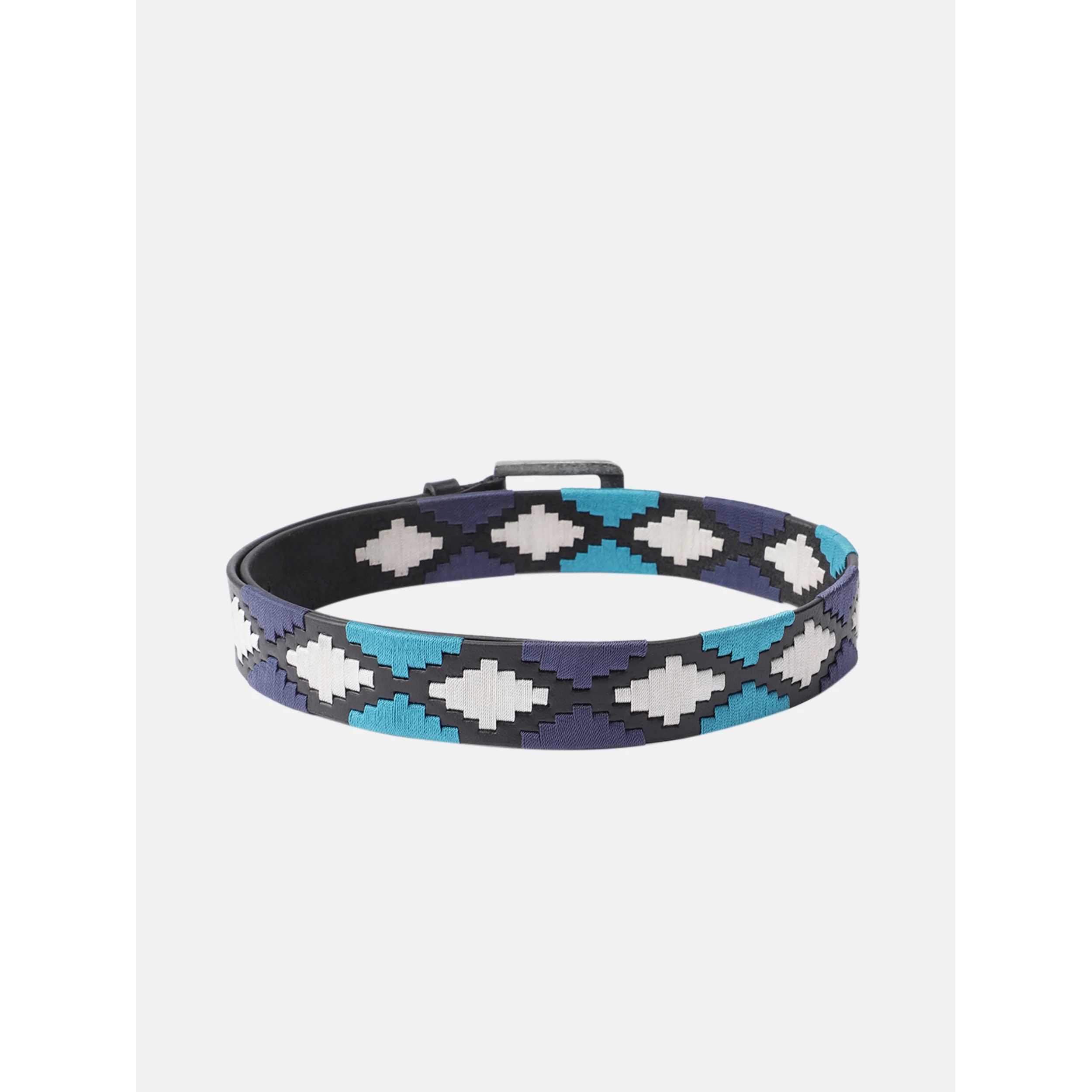 Unisex Handcrafted Leather Belt With Woven Blue White Pattern And Antique Silver Buckle - Image 3