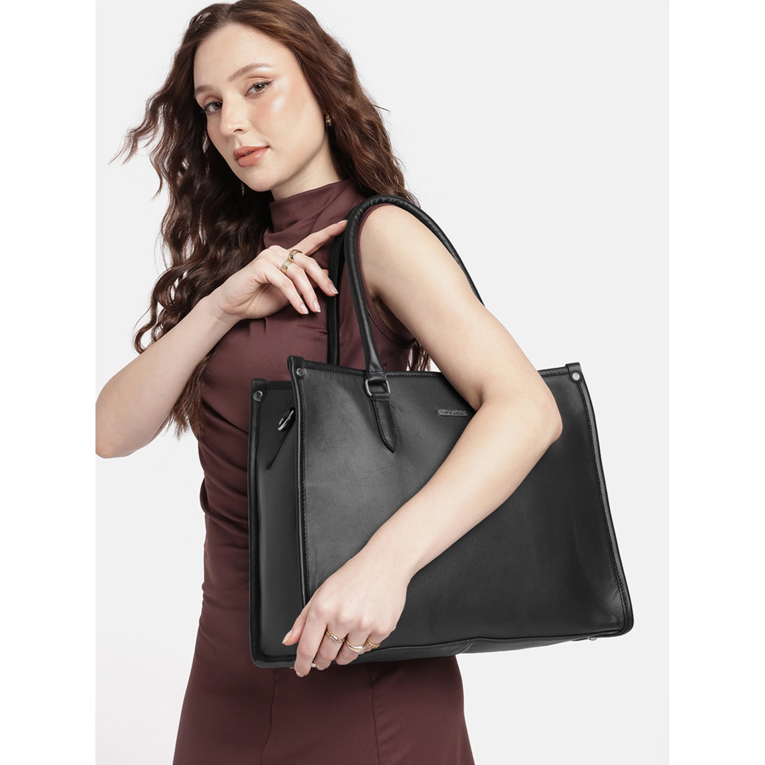 Premium Genuine Leather Work Tote Bag for Women with Zip Closure & Shoulder Strap - Image 3