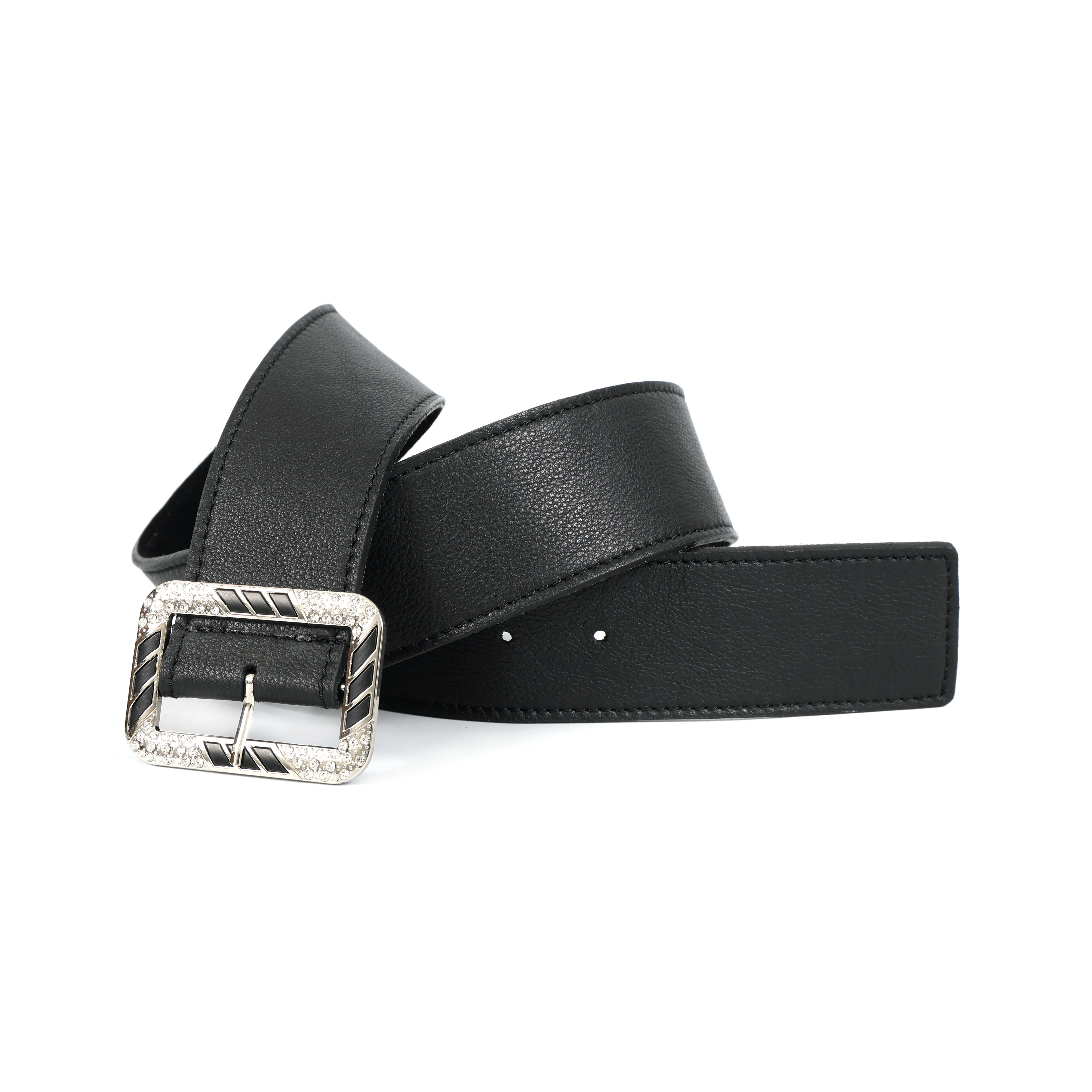Premium Genuine  Black Leather Unisex Belt with Designer Crystal Buckle - Image 2