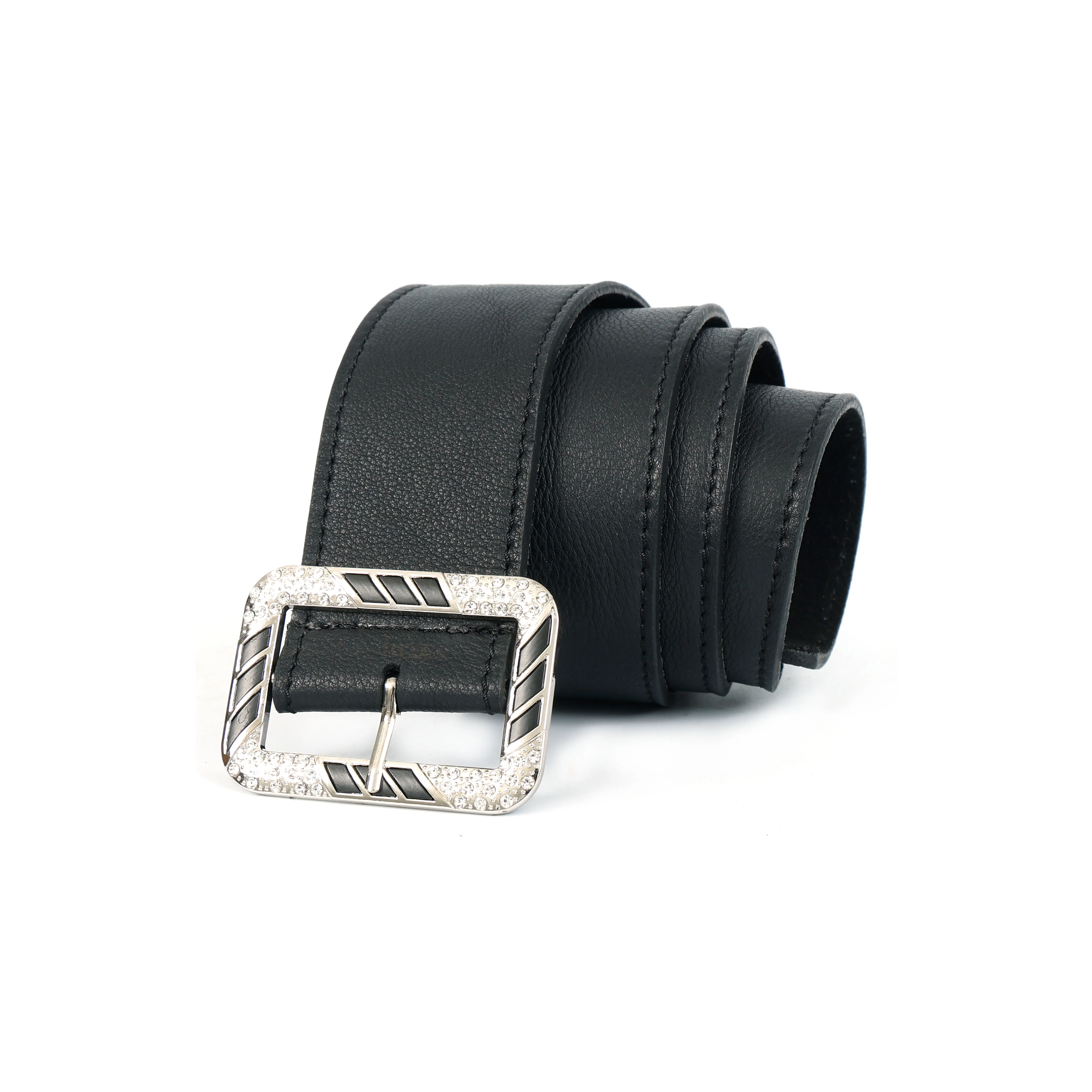 Premium Genuine  Black Leather Unisex Belt with Designer Crystal Buckle - Image 3