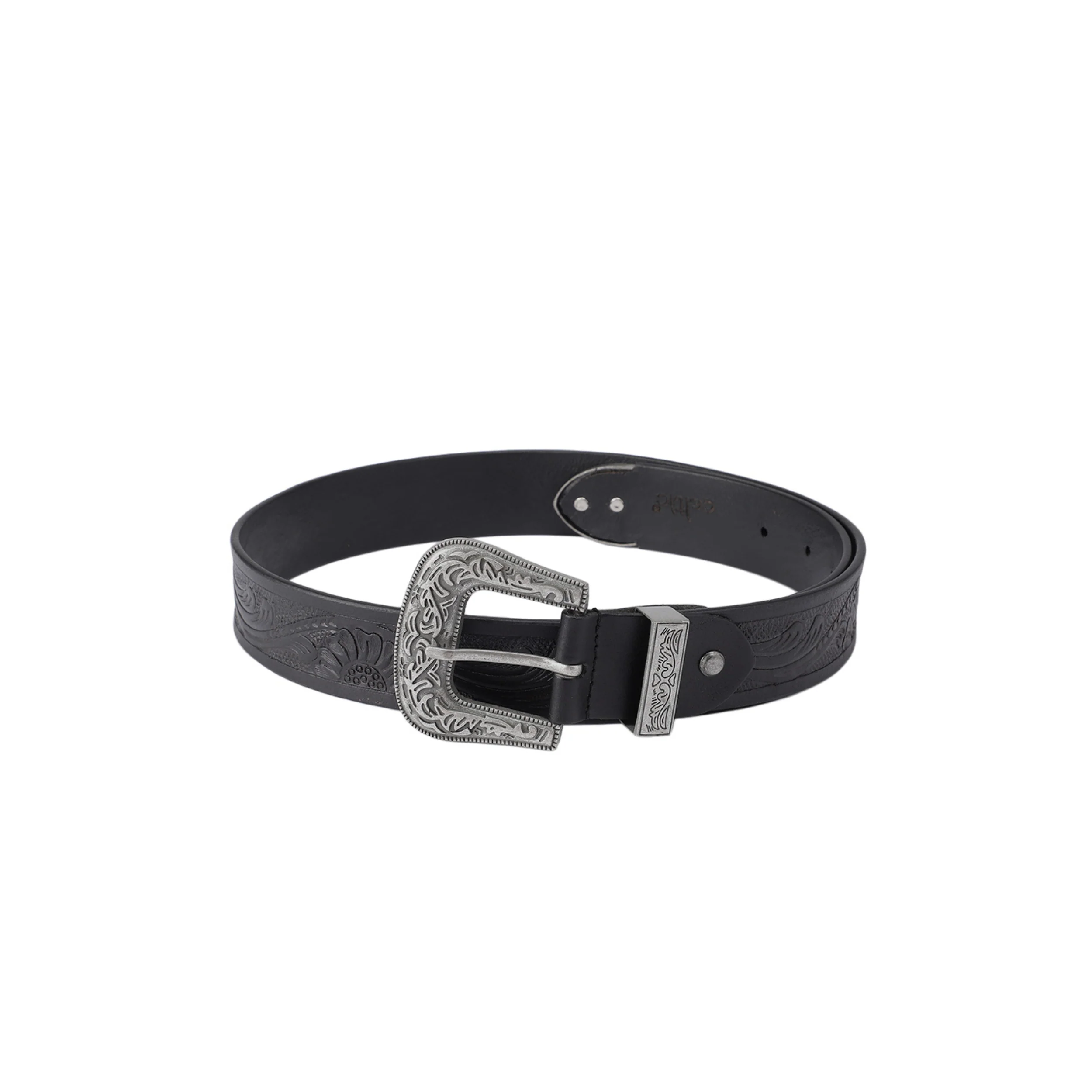 Genuine Leather Embossed Black Western Waist Accessory Ornate Buckle Tip - Image 2
