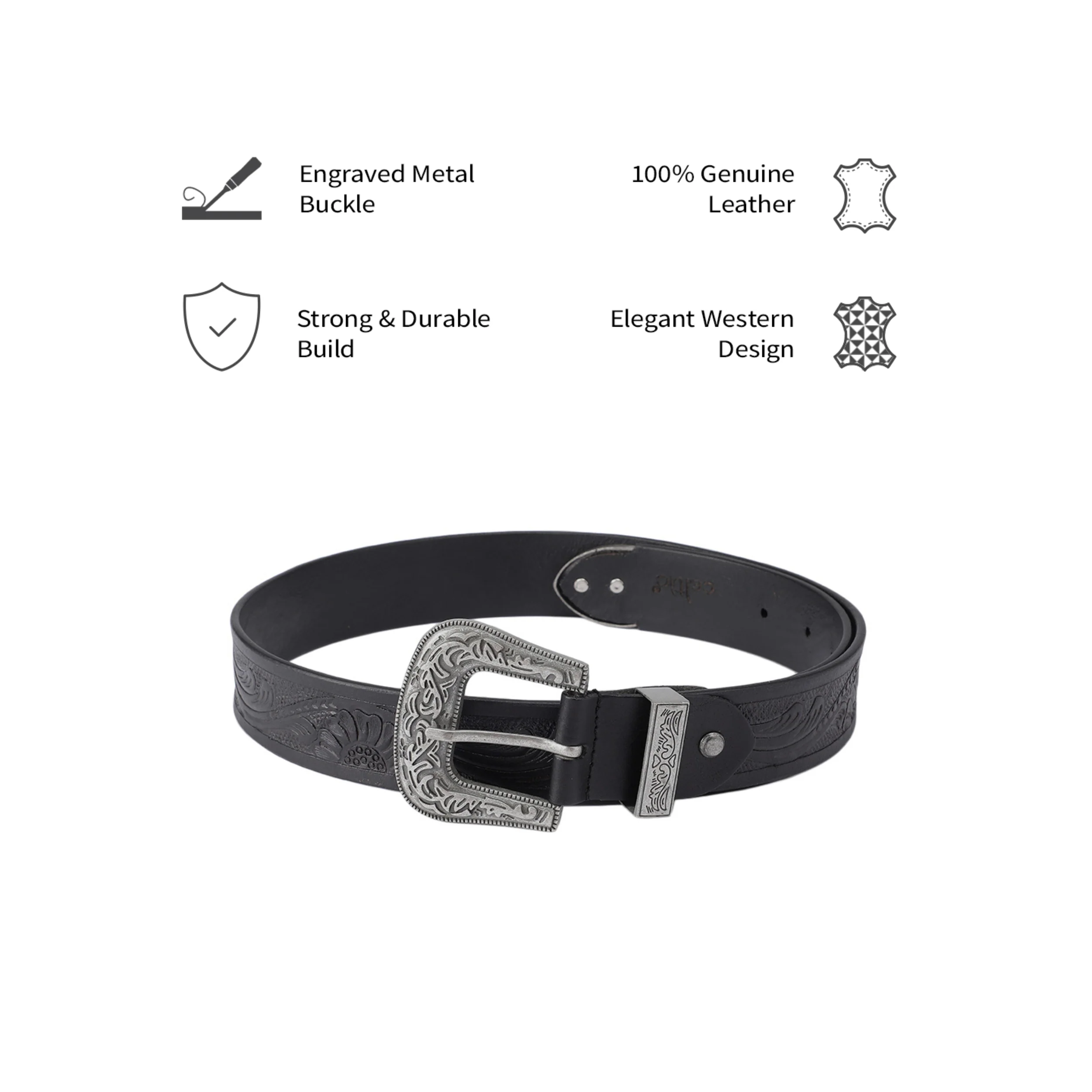 Genuine Leather Embossed Black Western Waist Accessory Ornate Buckle Tip - Image 5