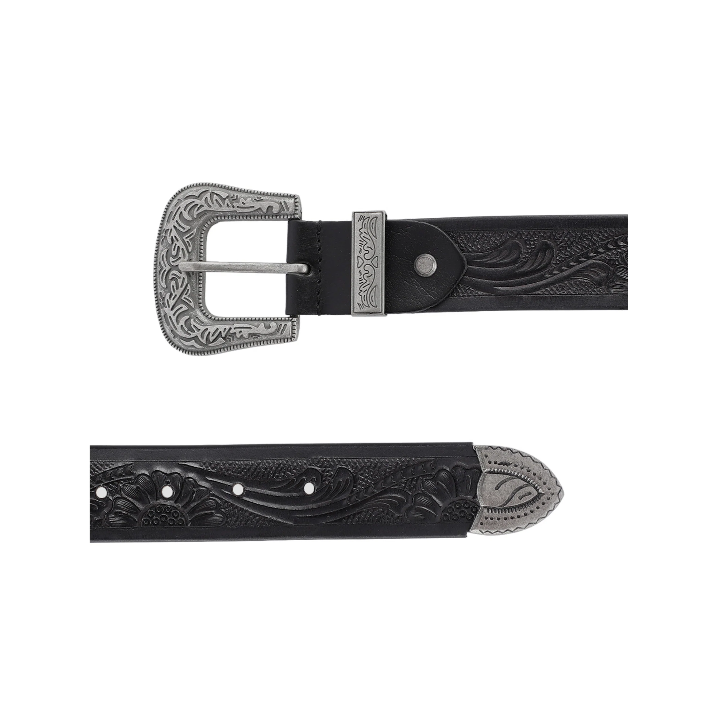 Genuine Leather Embossed Black Western Waist Accessory Ornate Buckle Tip - Image 6