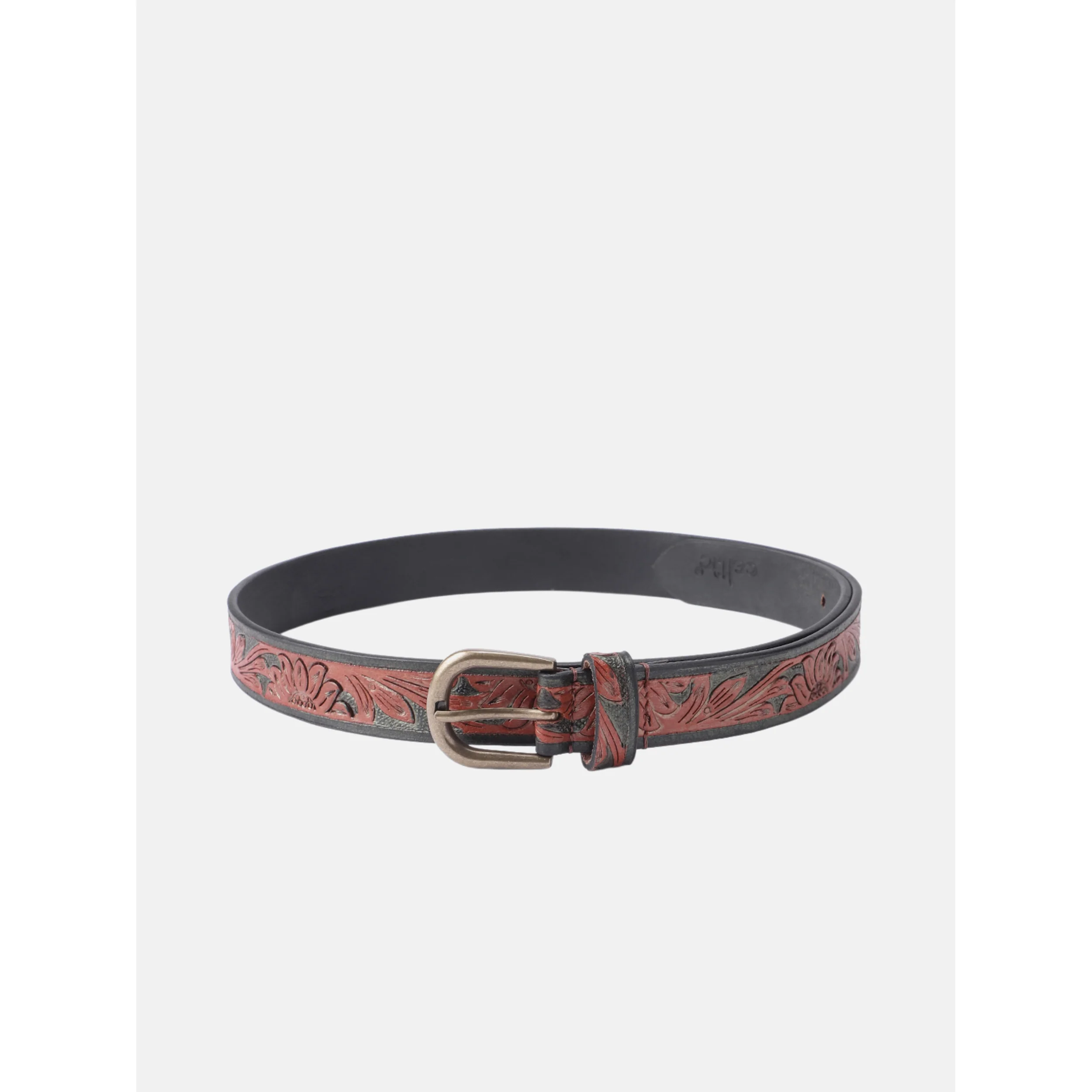 Unnisex Handcrafted Floral Embossed Leather Belt With Antique Brass Buckle For Casual Wear - Image 2