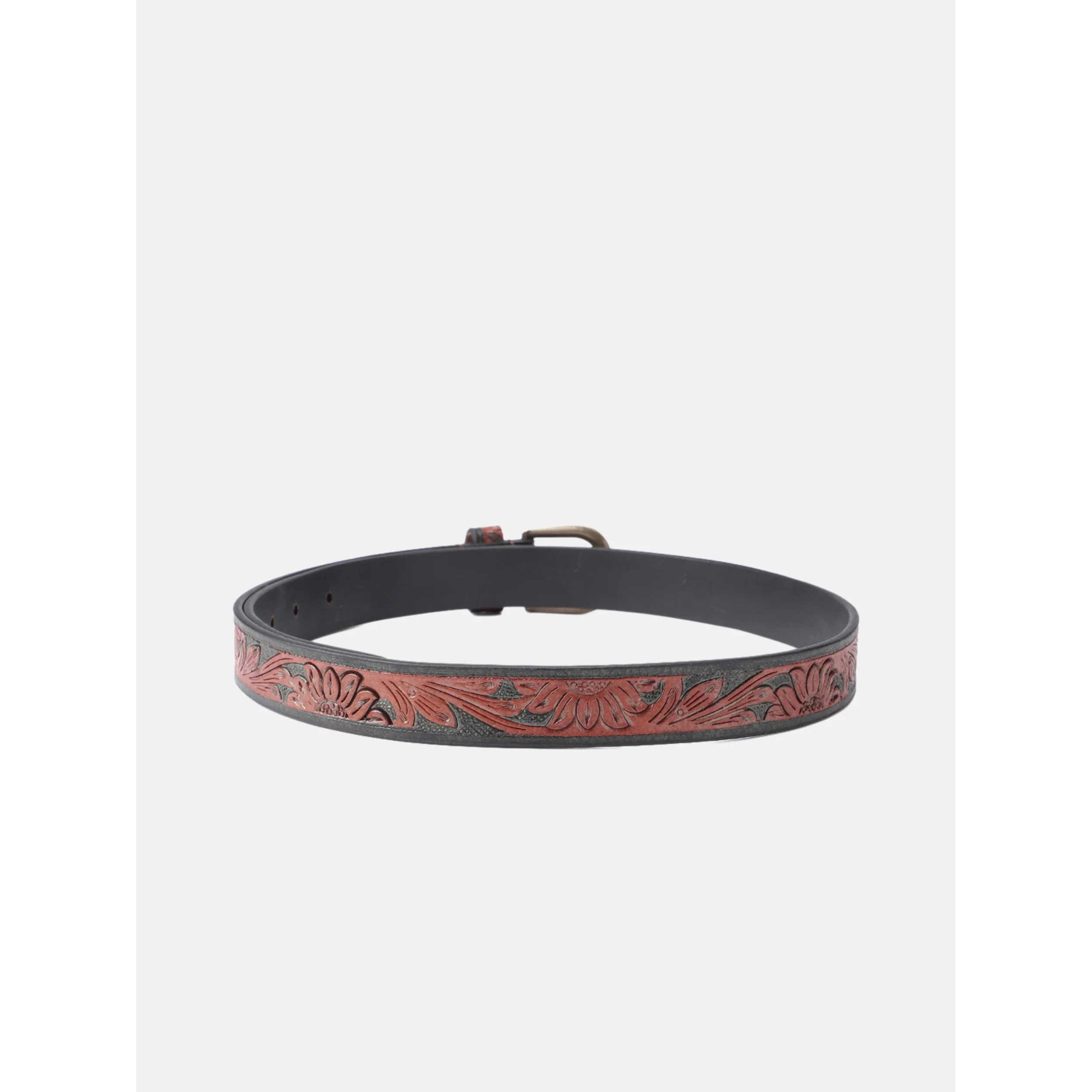 Unnisex Handcrafted Floral Embossed Leather Belt With Antique Brass Buckle For Casual Wear - Image 3