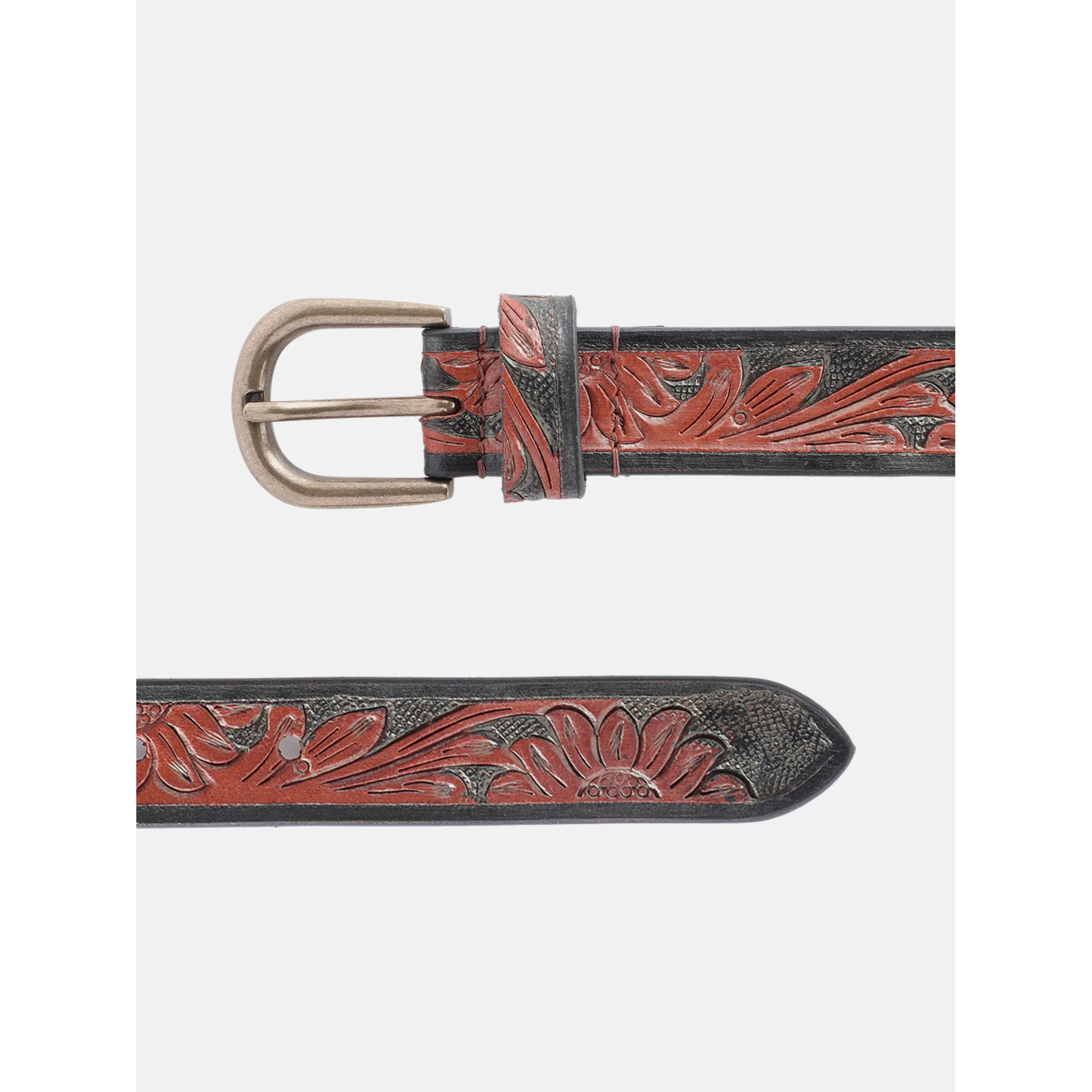 Unnisex Handcrafted Floral Embossed Leather Belt With Antique Brass Buckle For Casual Wear - Image 4