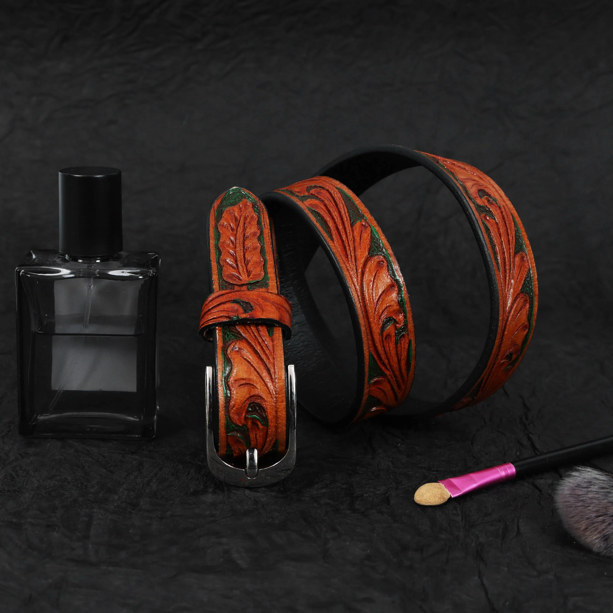 Woman Handcrafted Brown Leather Belt With Leaf Tooling And Polished Silver Buckle - Image 2