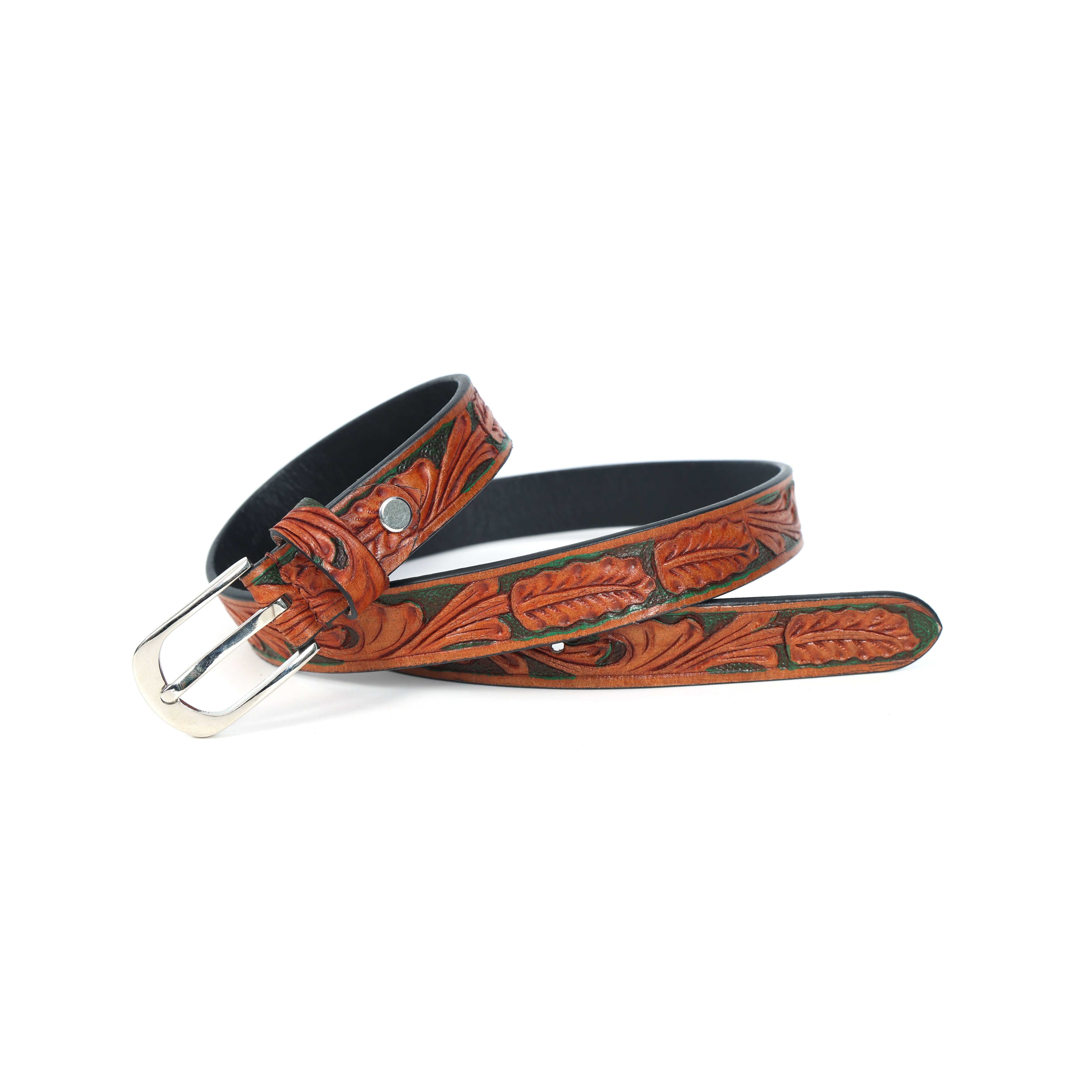 Woman Handcrafted Brown Leather Belt With Leaf Tooling And Polished Silver Buckle - Image 3