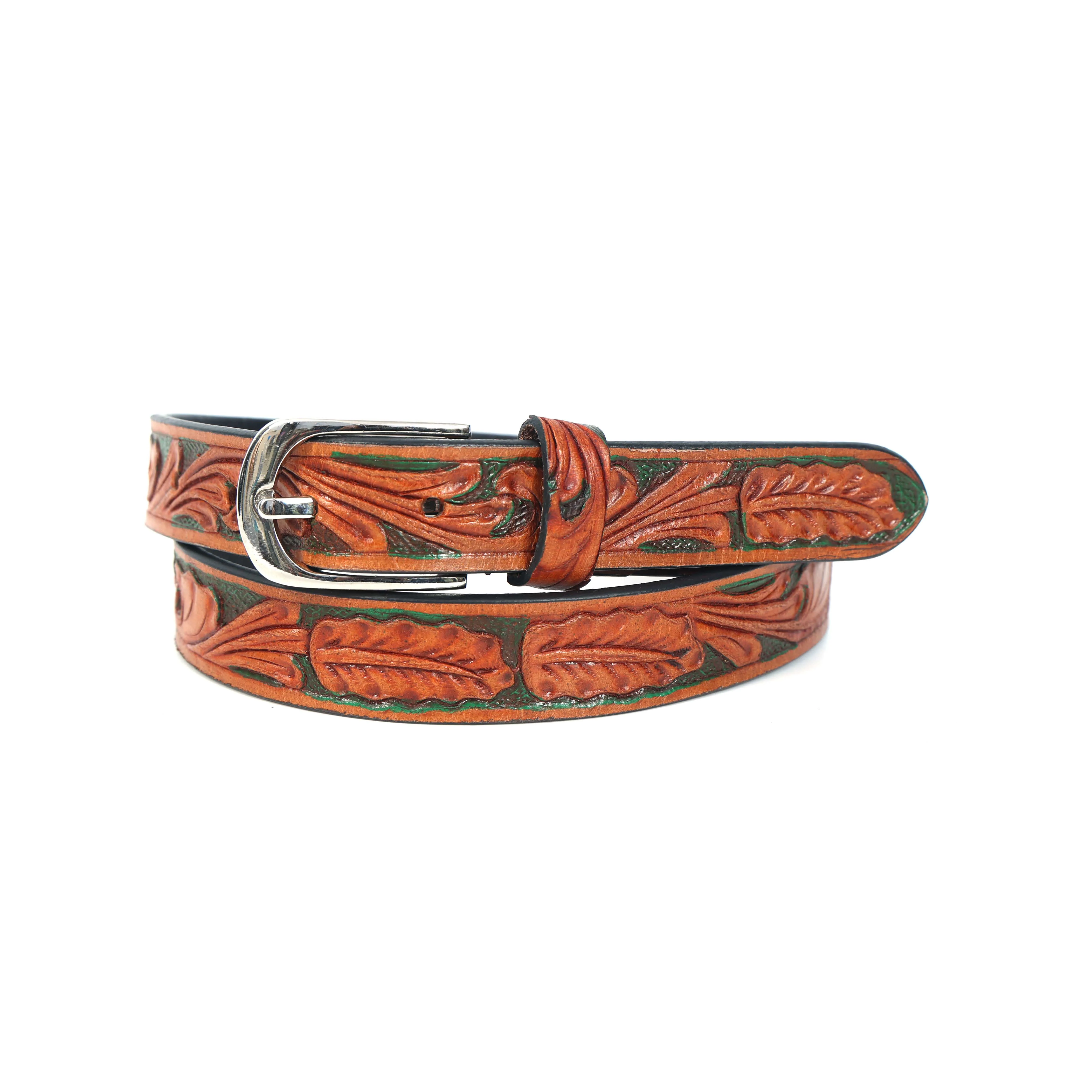 Woman Handcrafted Brown Leather Belt With Leaf Tooling And Polished Silver Buckle - Image 4