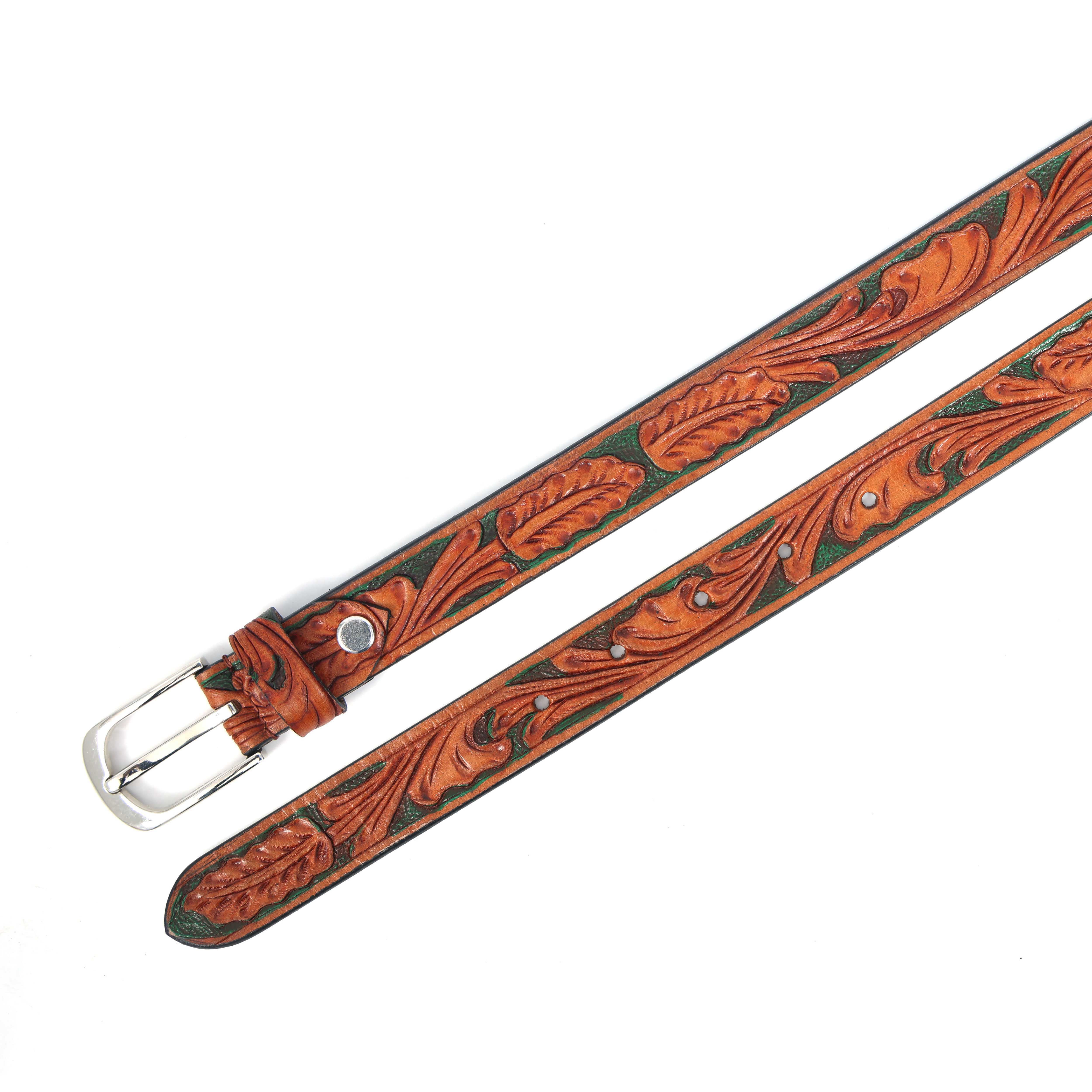 Woman Handcrafted Brown Leather Belt With Leaf Tooling And Polished Silver Buckle - Image 5