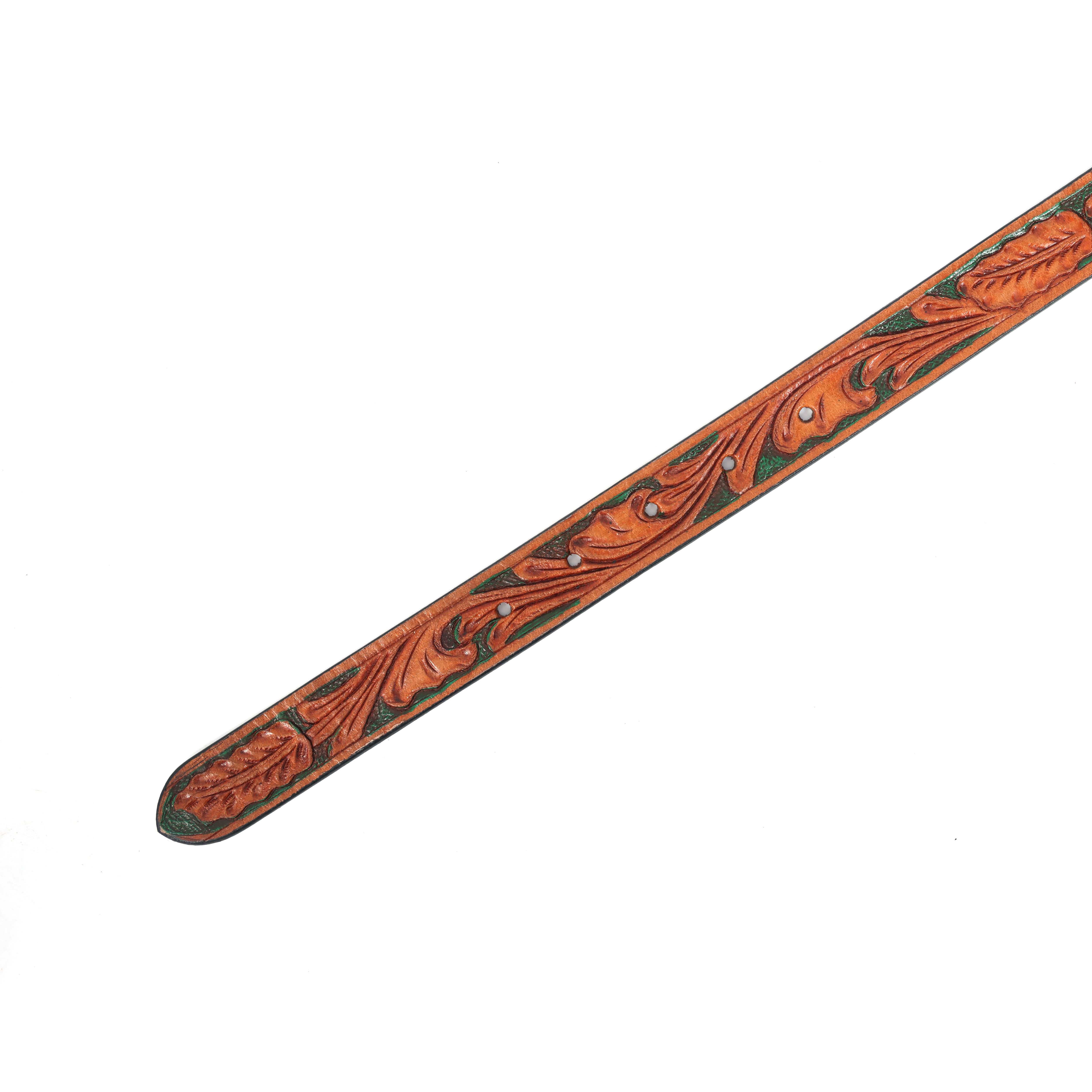 Woman Handcrafted Brown Leather Belt With Leaf Tooling And Polished Silver Buckle - Image 6