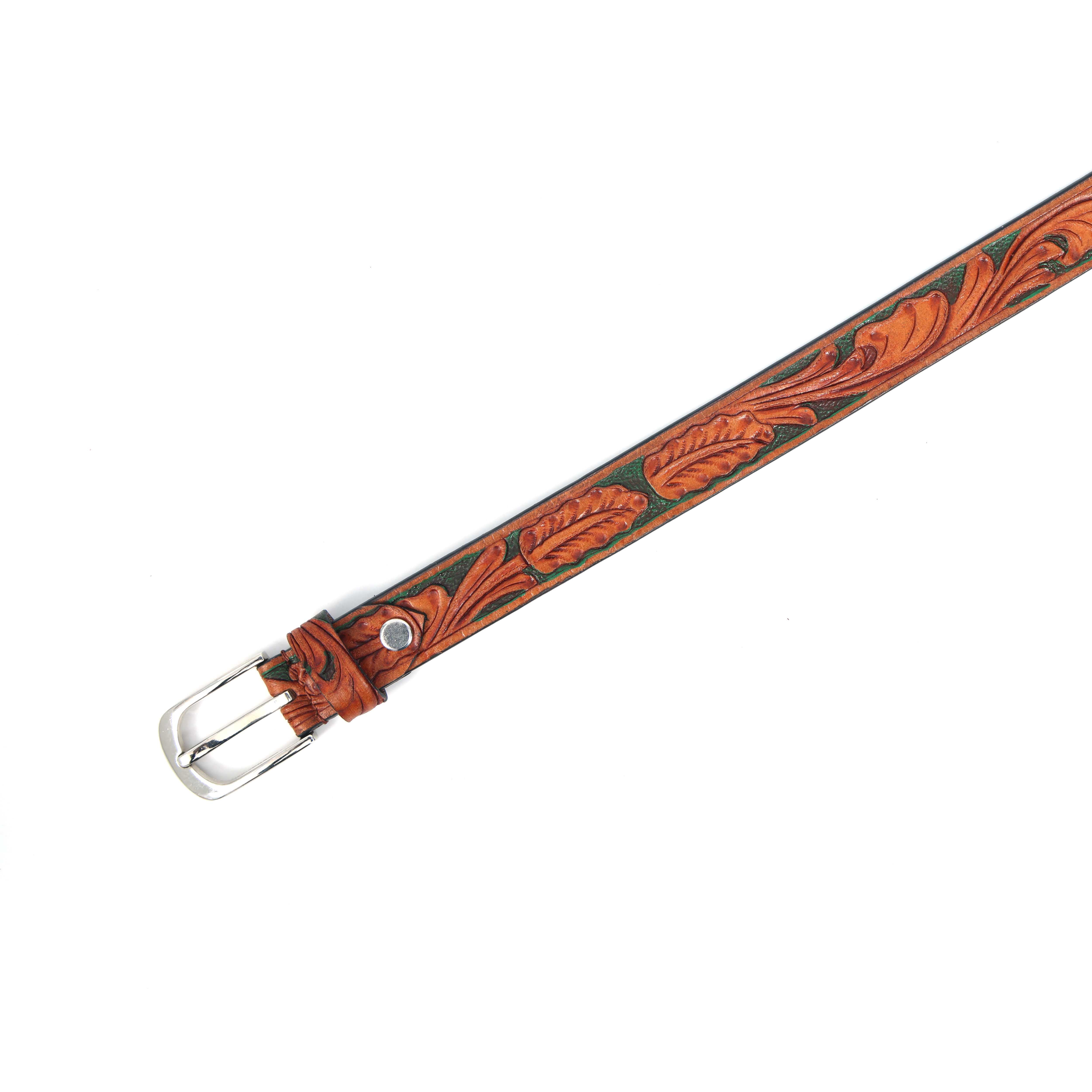 Woman Handcrafted Brown Leather Belt With Leaf Tooling And Polished Silver Buckle - Image 7