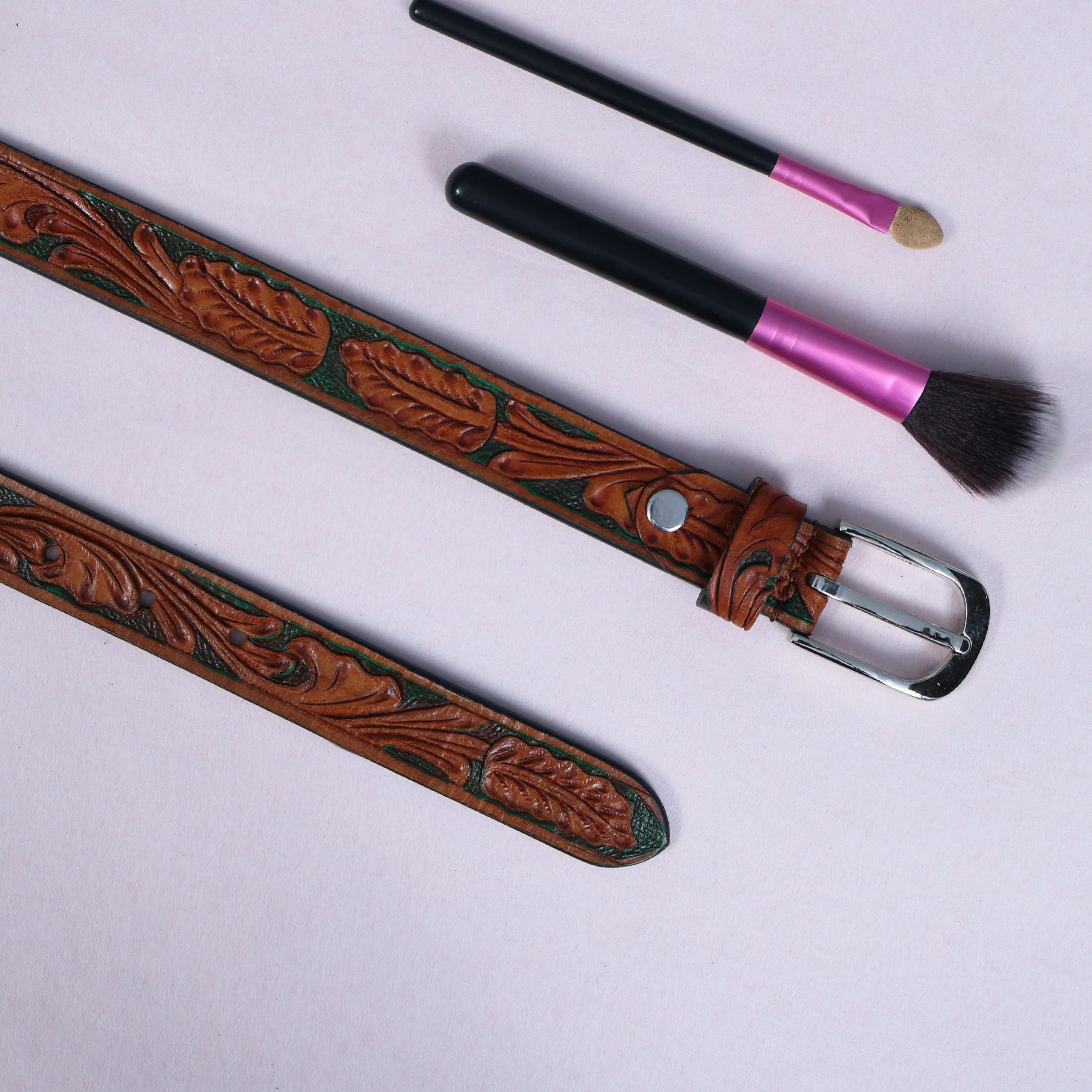 Woman Handcrafted Brown Leather Belt With Leaf Tooling And Polished Silver Buckle - Image 8
