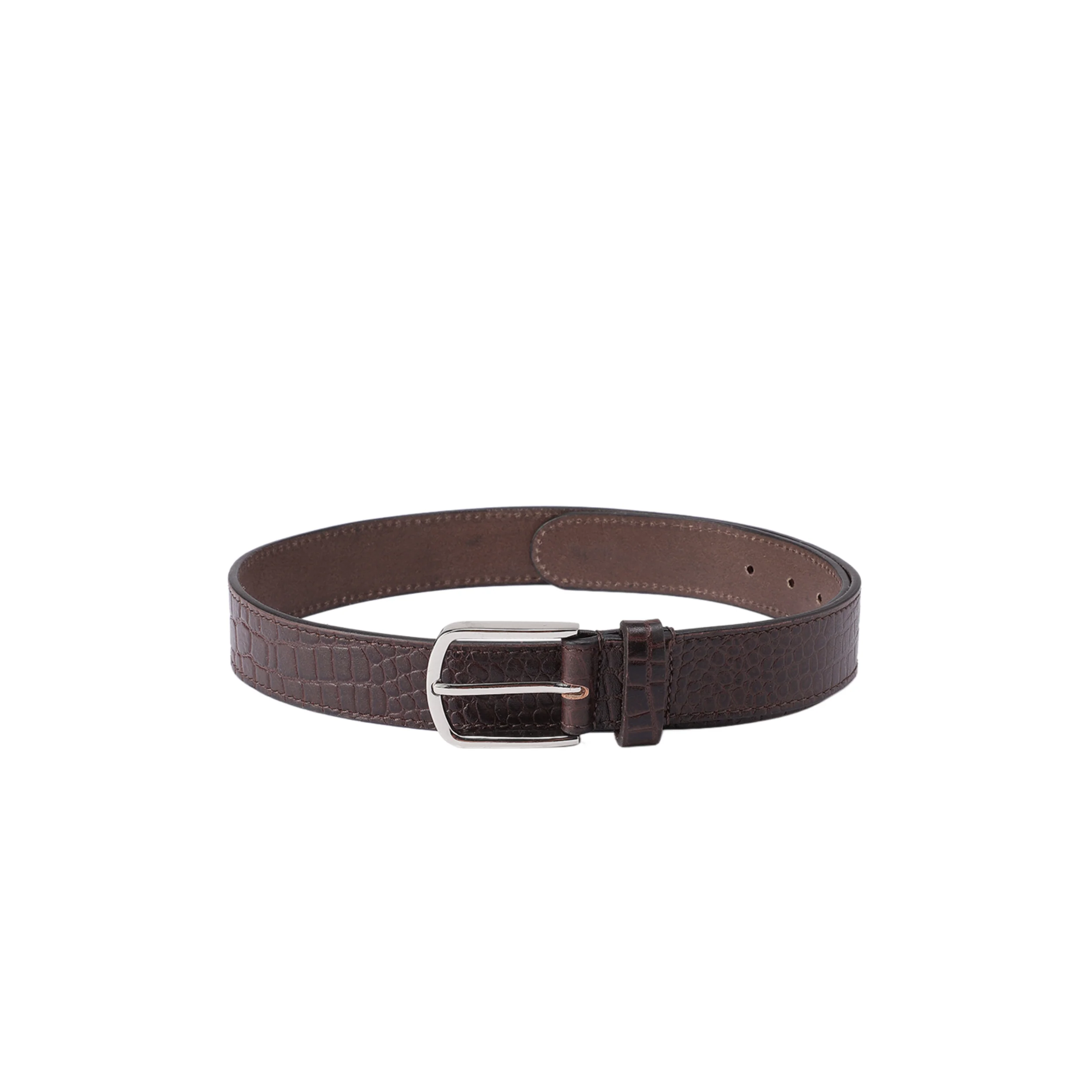 Unisex Croc Texture Brown Leather Belt with Polished Metal Buckle Stylish Wear - Image 2