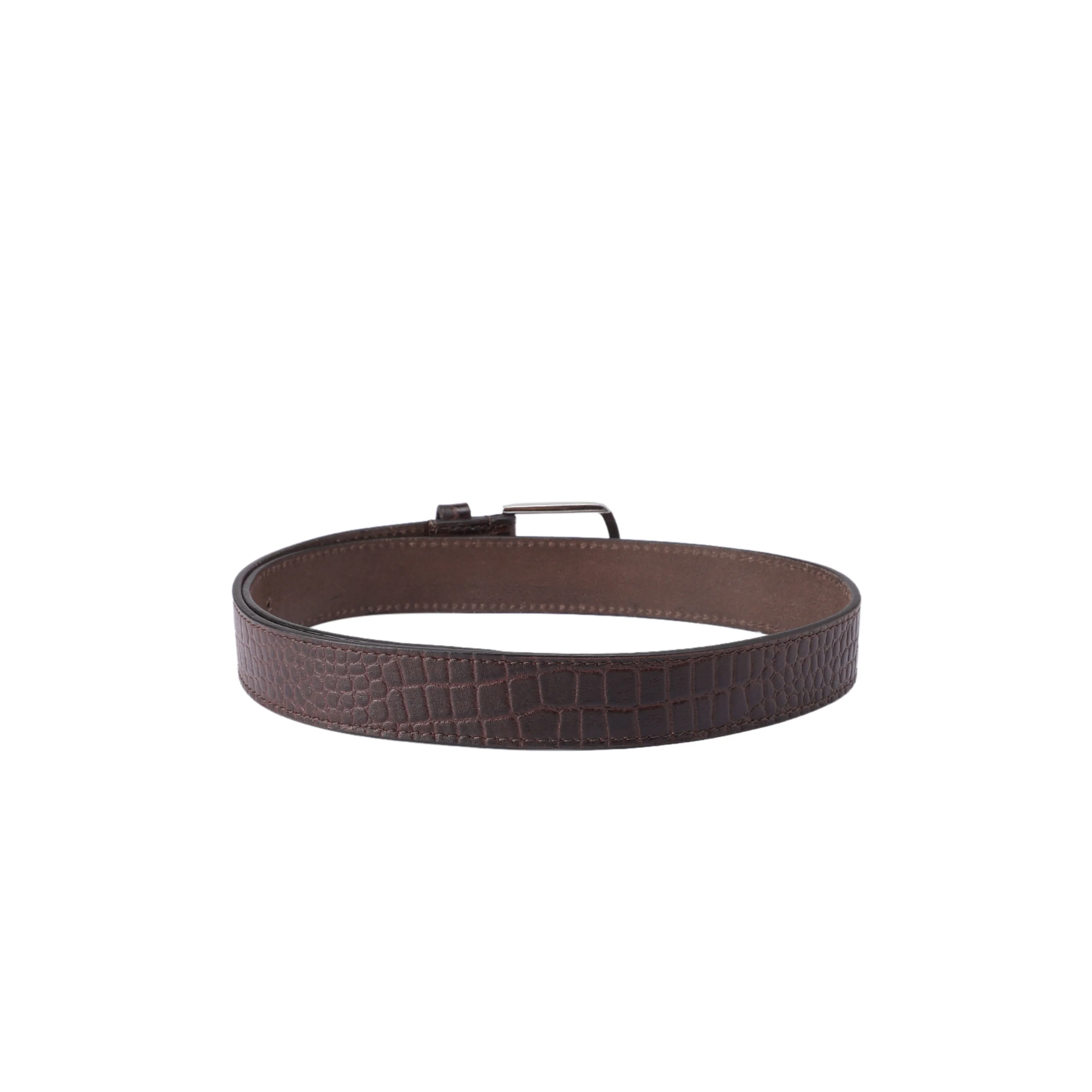 Unisex Croc Texture Brown Leather Belt with Polished Metal Buckle Stylish Wear - Image 4
