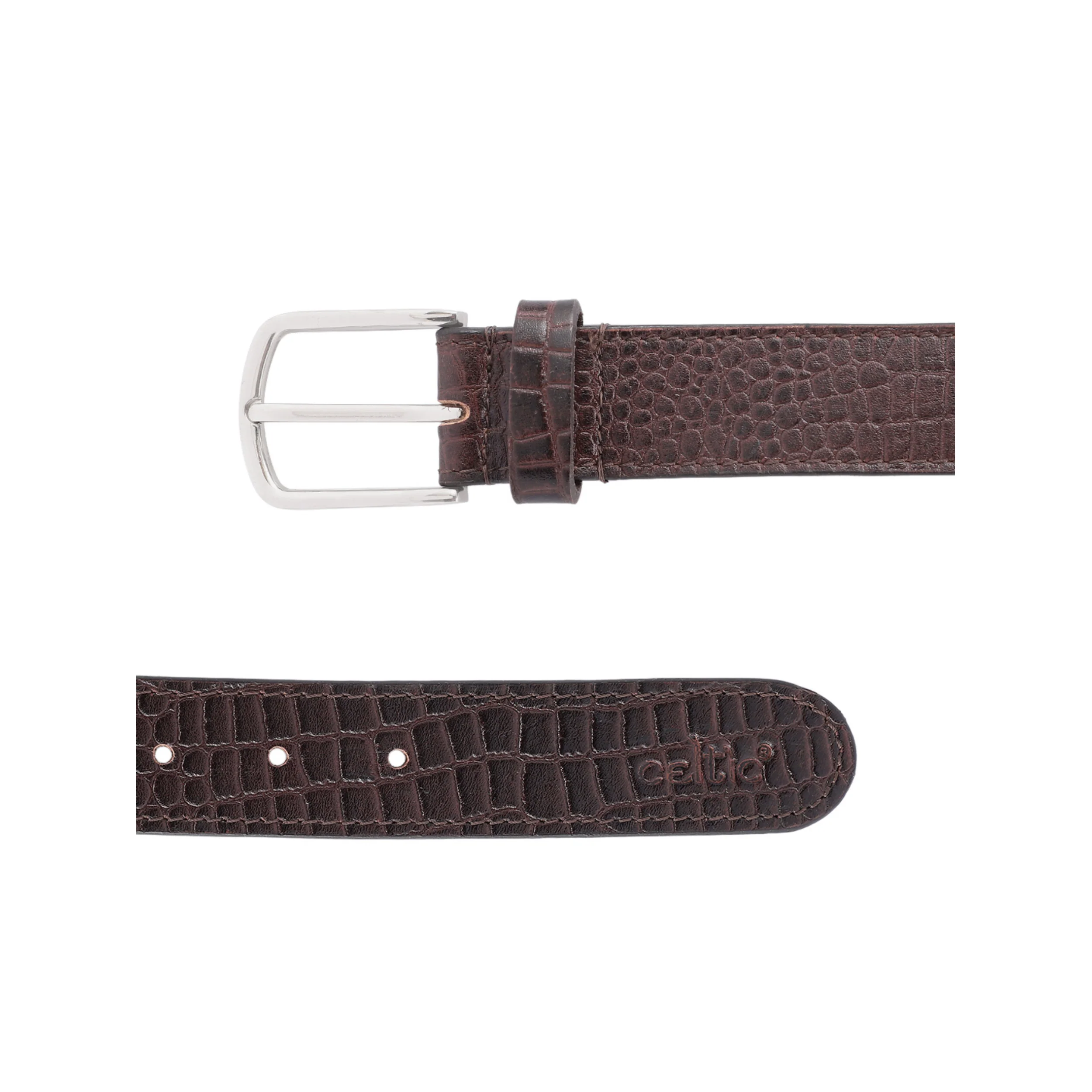 Unisex Croc Texture Brown Leather Belt with Polished Metal Buckle Stylish Wear - Image 5