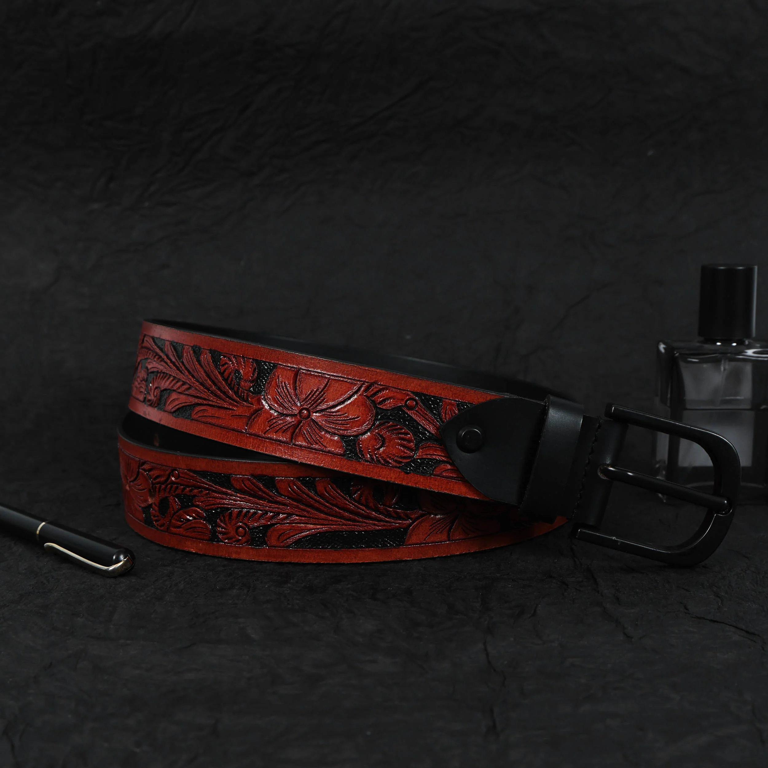 Unisex Genuine Leather Brown Floral Embossed Western Casual Waistbelt Matte Black Buckle - Image 2