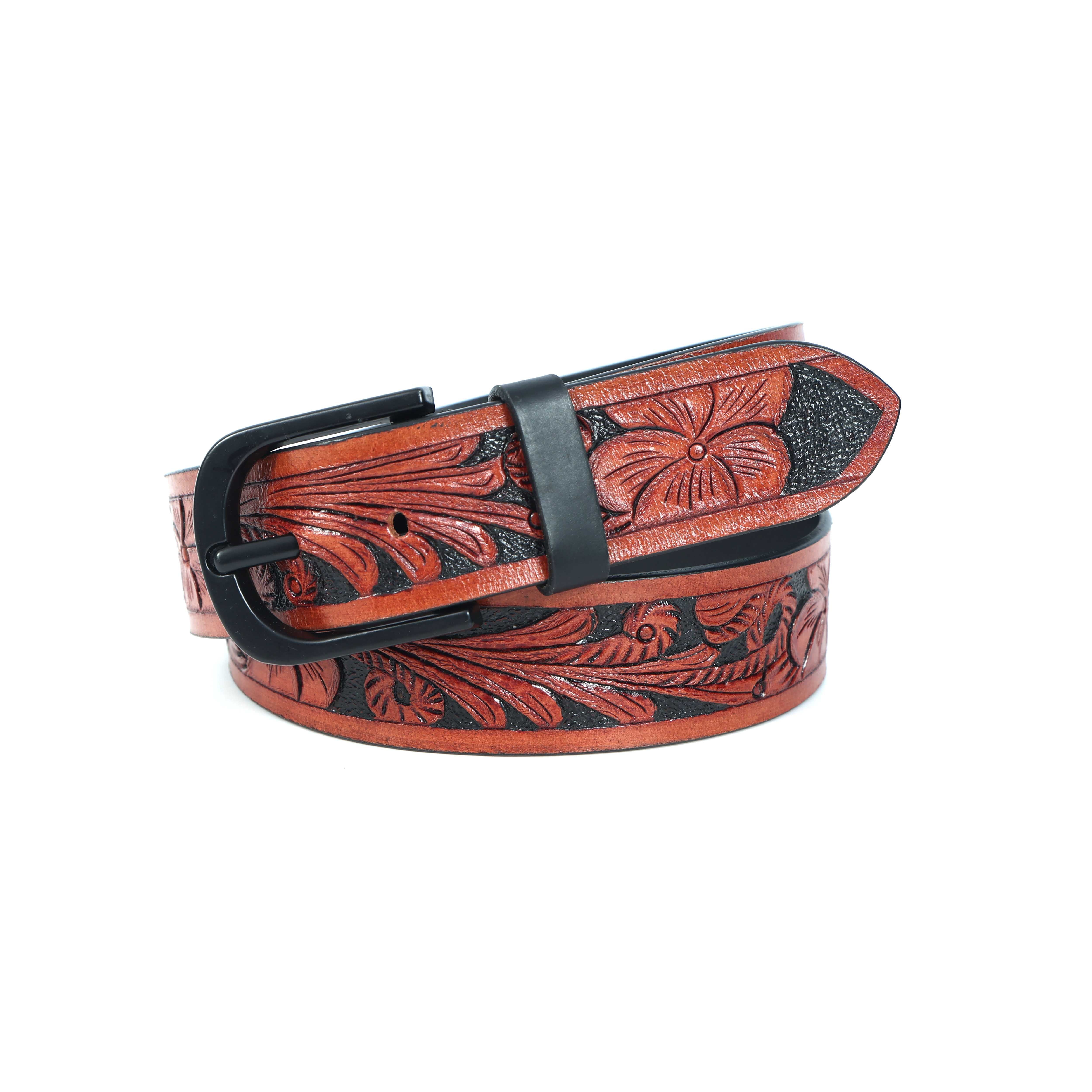 Unisex Genuine Leather Brown Floral Embossed Western Casual Waistbelt Matte Black Buckle - Image 3