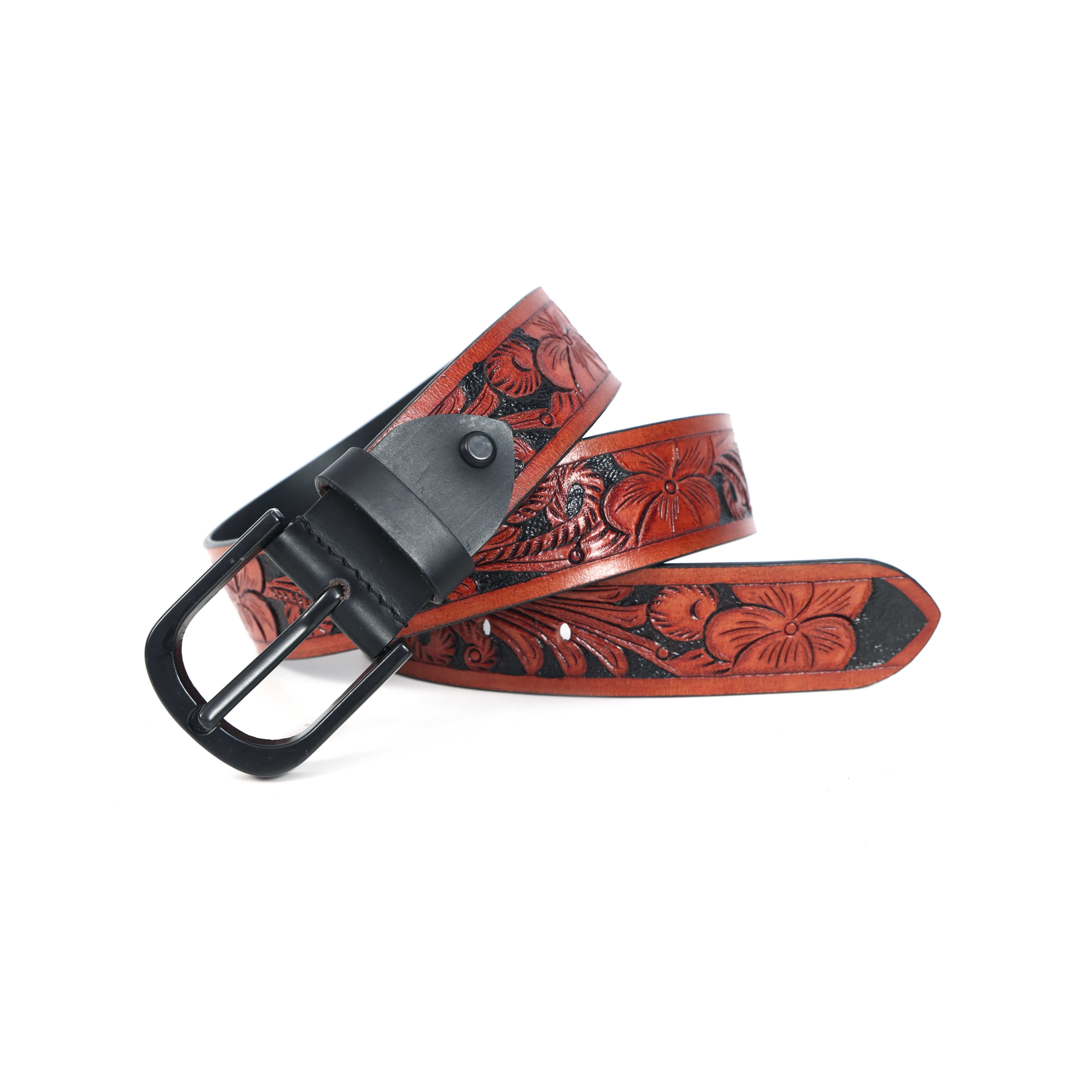 Unisex Genuine Leather Brown Floral Embossed Western Casual Waistbelt Matte Black Buckle - Image 4
