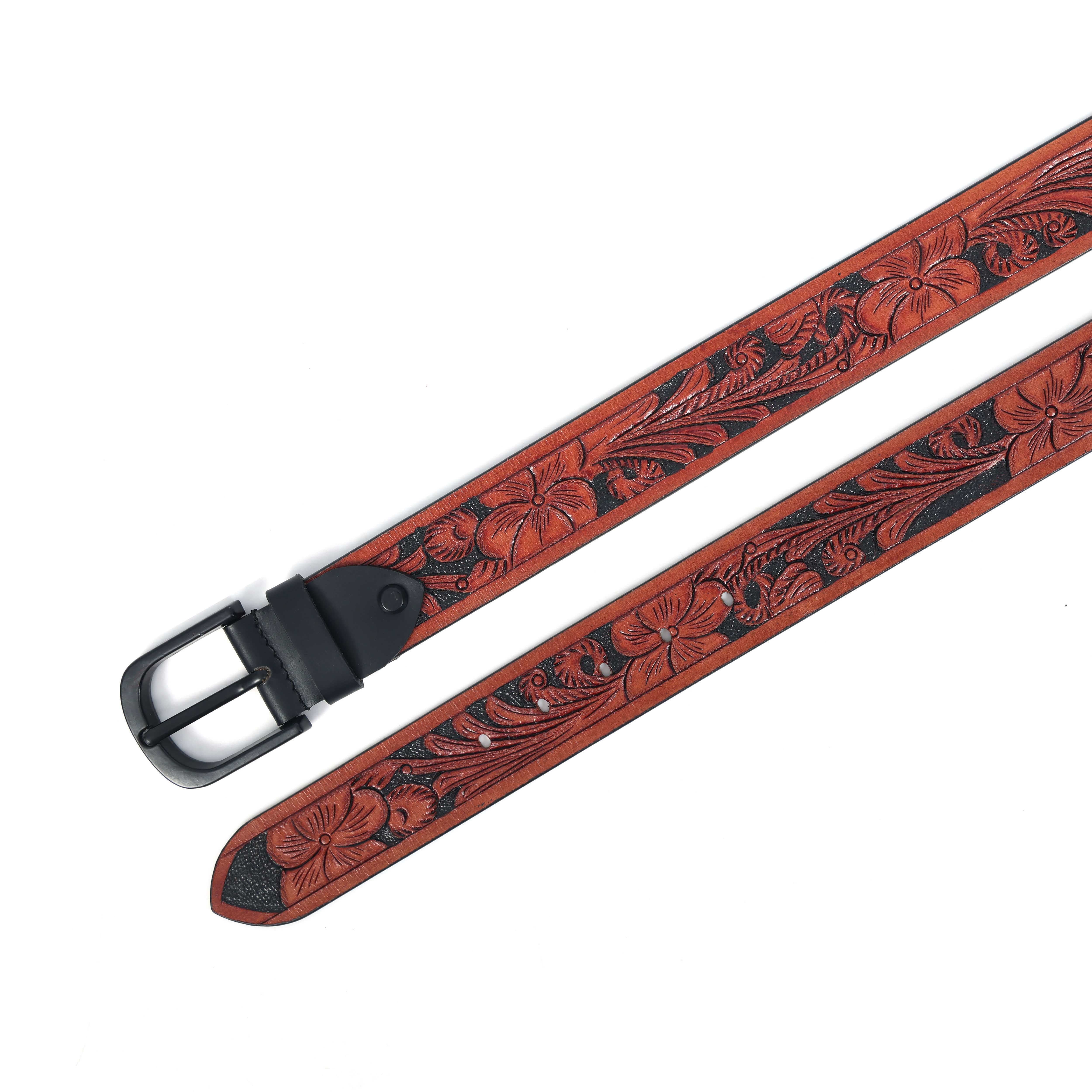 Unisex Genuine Leather Brown Floral Embossed Western Casual Waistbelt Matte Black Buckle - Image 5