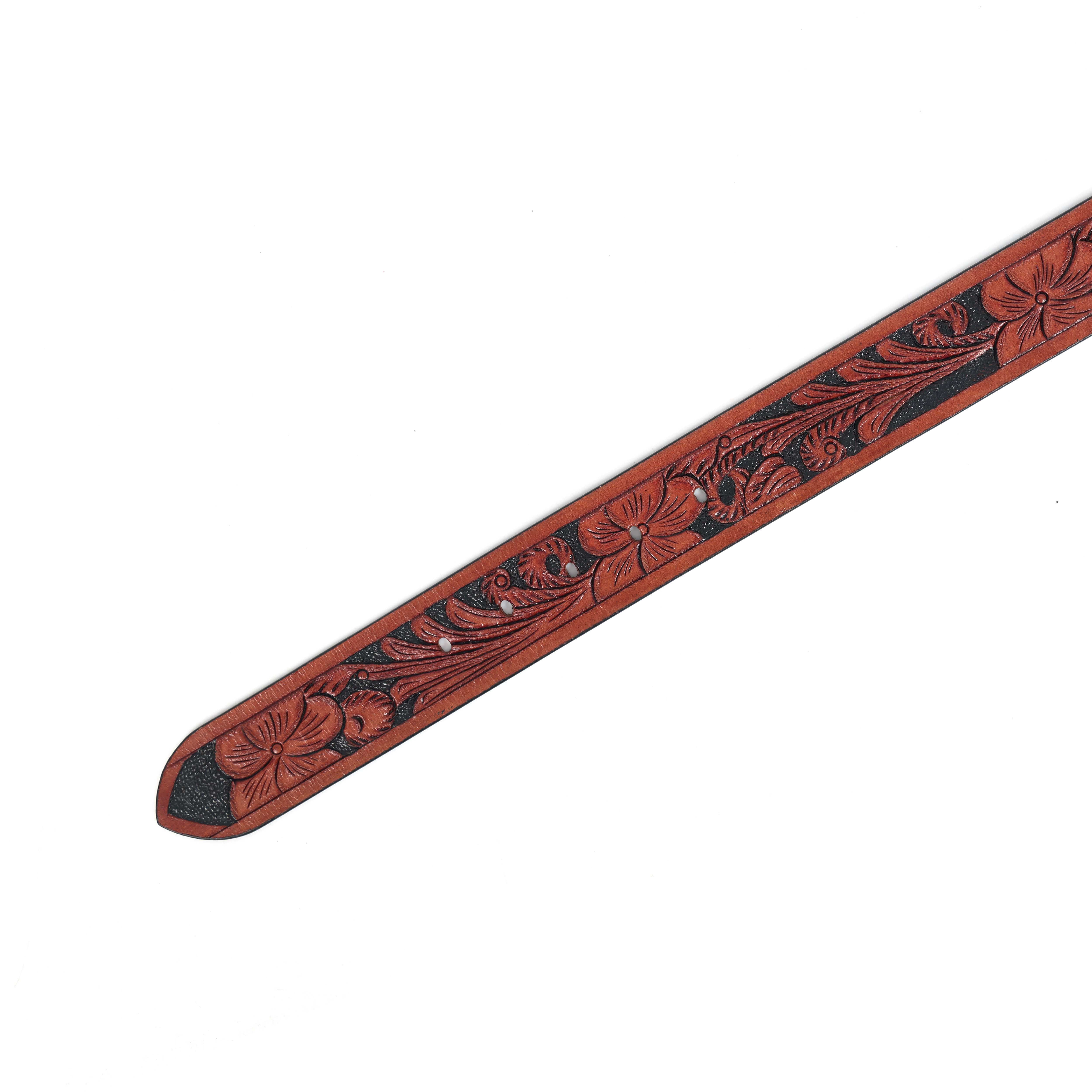 Unisex Genuine Leather Brown Floral Embossed Western Casual Waistbelt Matte Black Buckle - Image 6