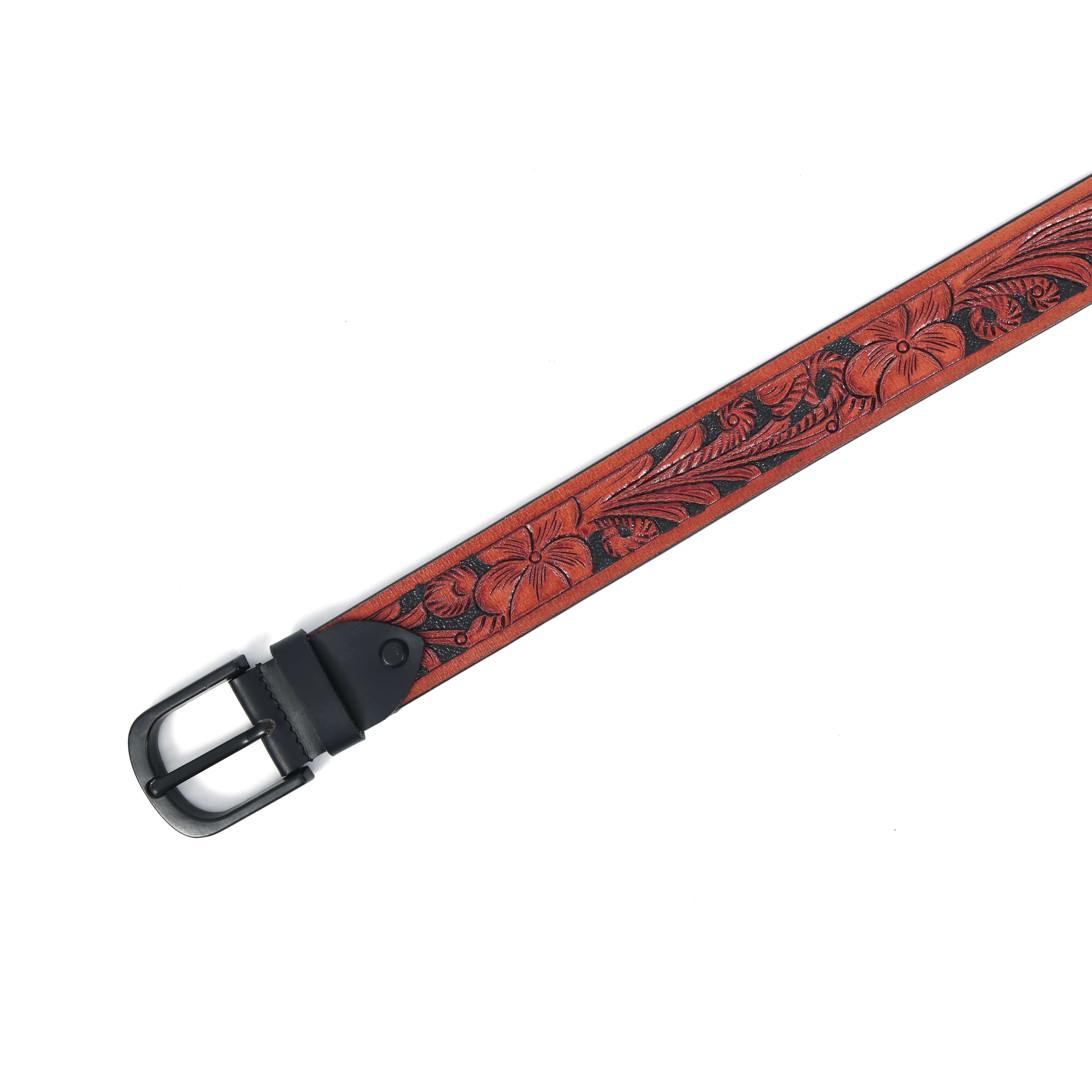 Unisex Genuine Leather Brown Floral Embossed Western Casual Waistbelt Matte Black Buckle - Image 7