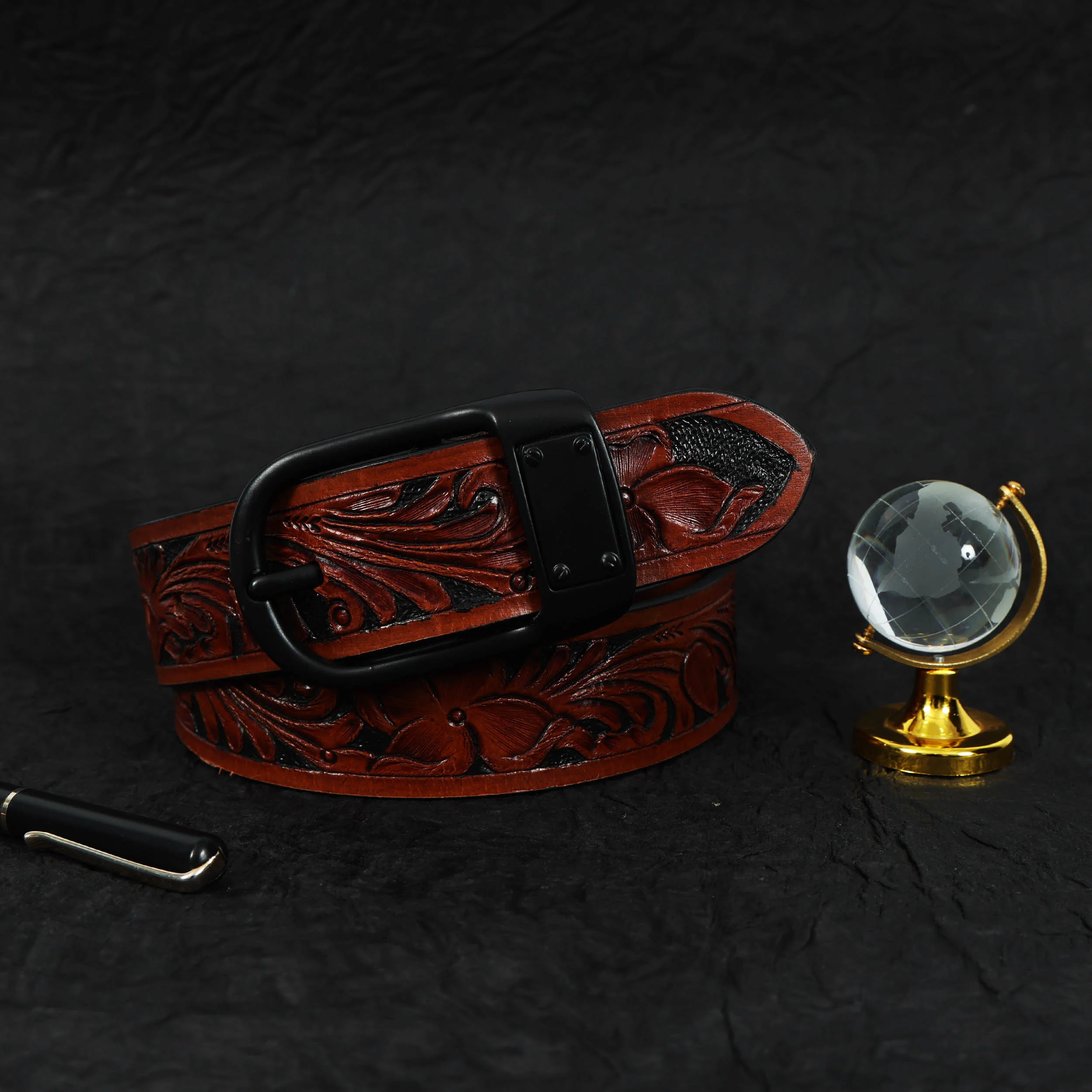 Unisex Genuine Leather Brown Floral Tooled Western Waistbelt Matte Black Buckle - Image 2