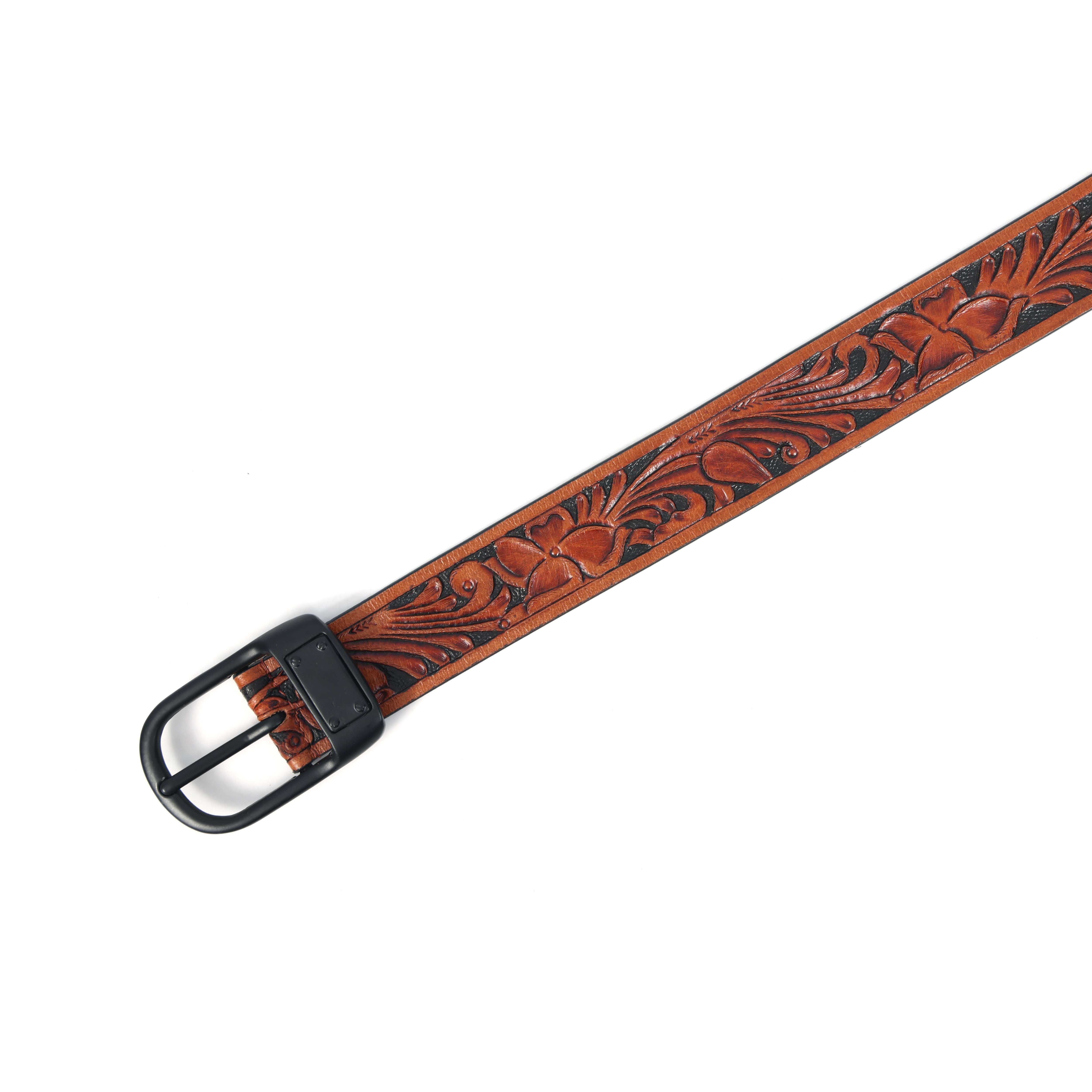 Unisex Genuine Leather Brown Floral Tooled Western Waistbelt Matte Black Buckle - Image 3