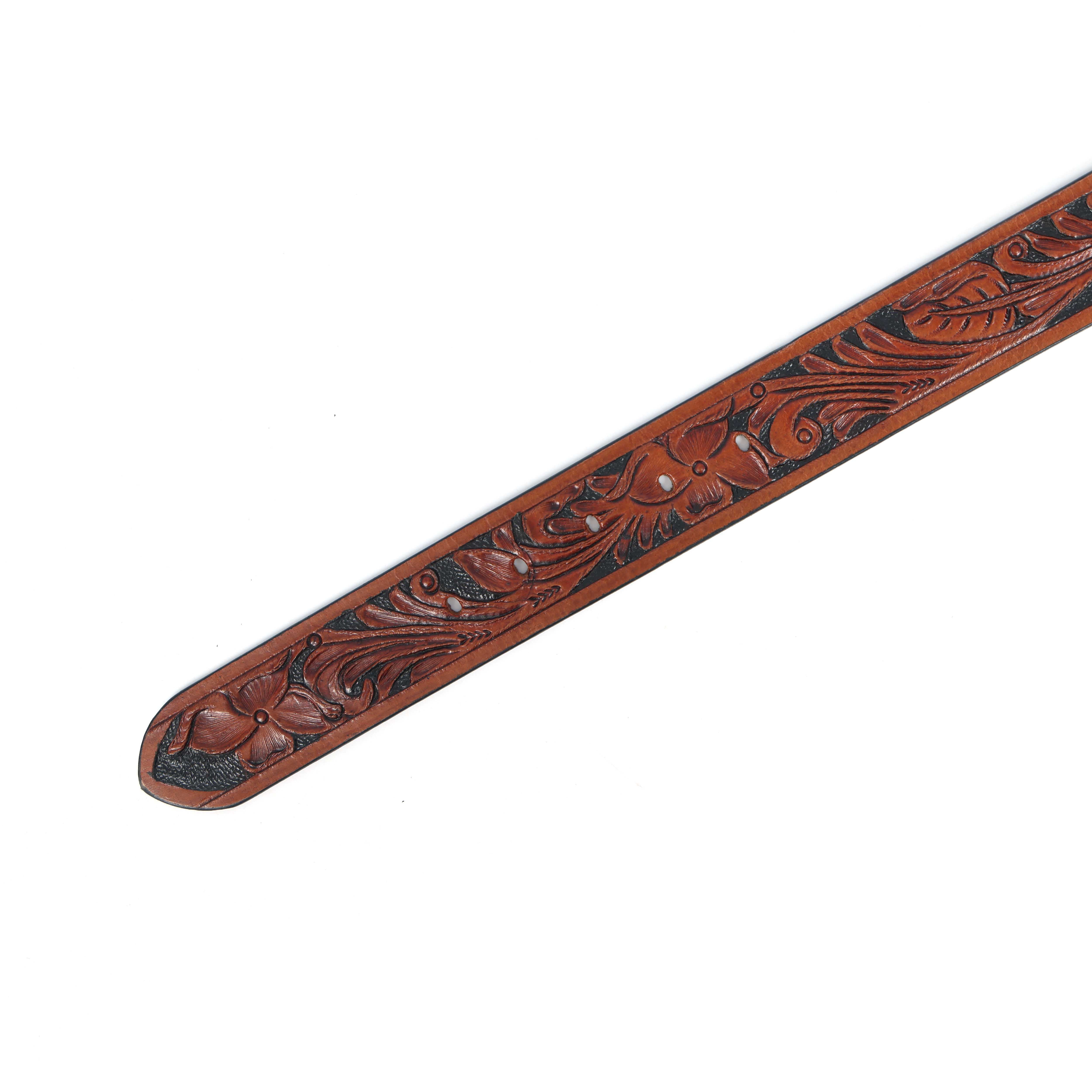 Unisex Genuine Leather Brown Floral Tooled Western Waistbelt Matte Black Buckle - Image 4