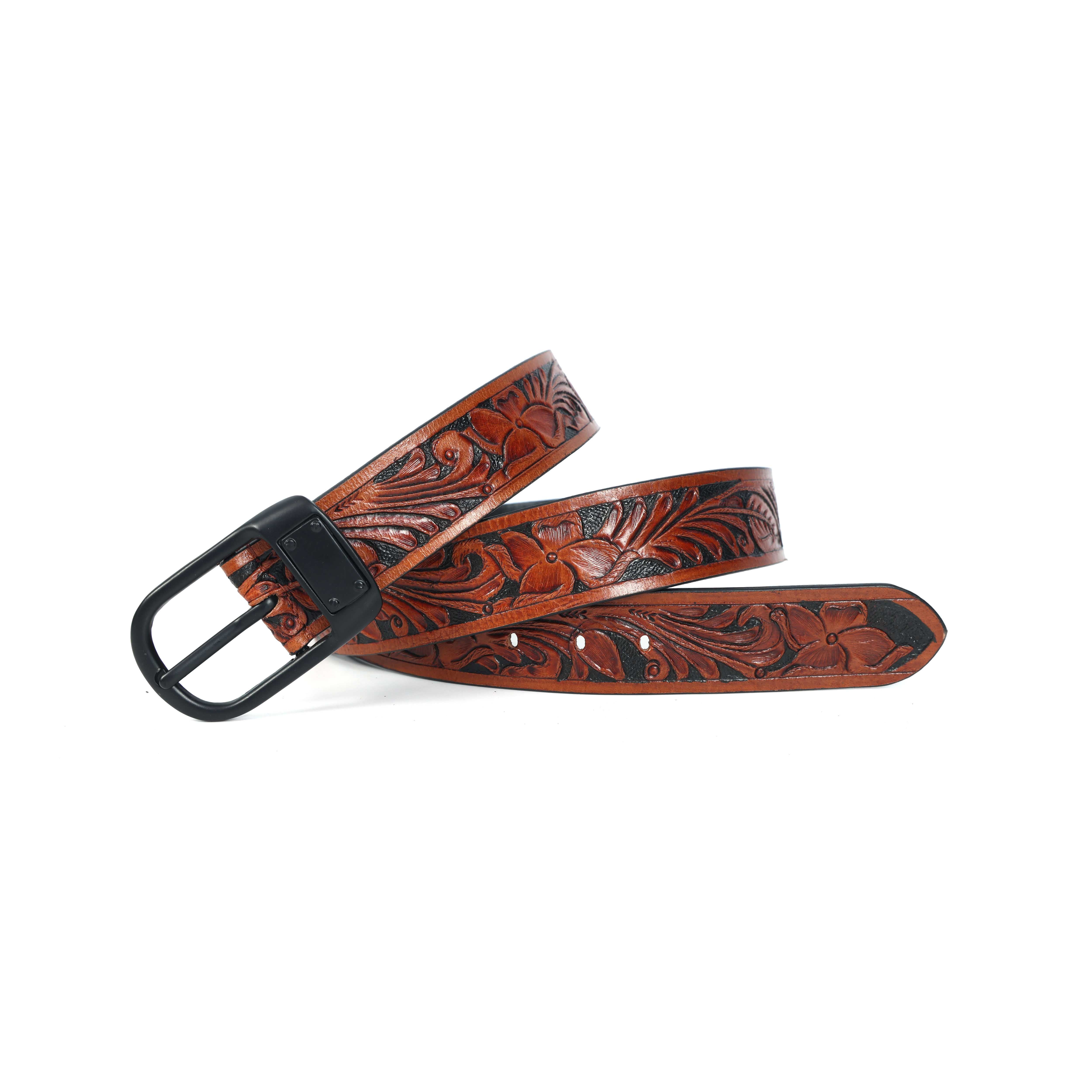 Unisex Genuine Leather Brown Floral Tooled Western Waistbelt Matte Black Buckle - Image 5