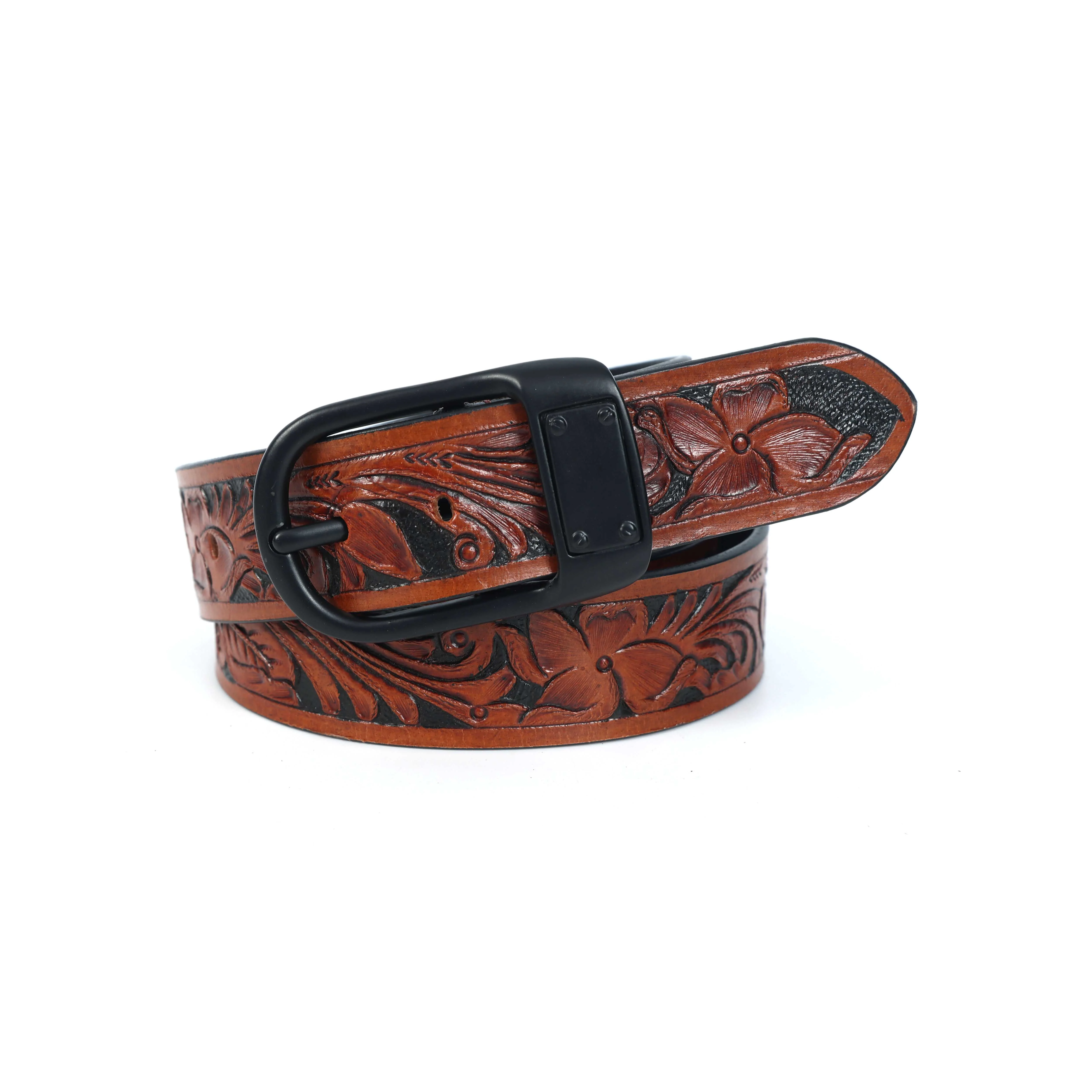 Unisex Genuine Leather Brown Floral Tooled Western Waistbelt Matte Black Buckle - Image 6
